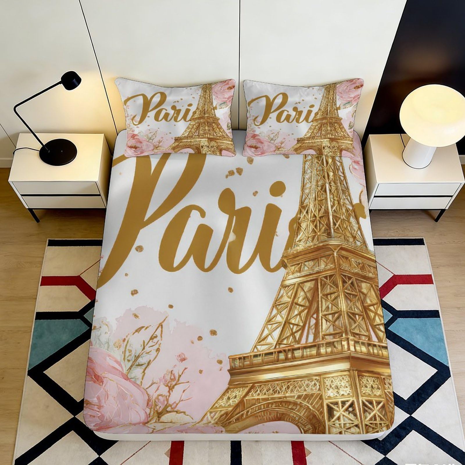 3D Printed Eiffel Tower Paris Fitted Sheet Microfiber Soft Breathable Floral Mattress Cover Decor for Bedroom Guest Room 160x200x25cm
