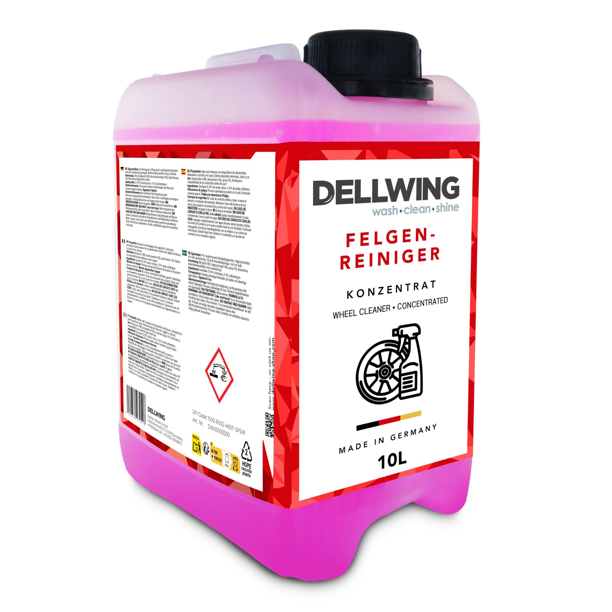 Dellwing Felgenreiniger Konzentrat 10 l, hoch alkalischer Reiniger für alle Felgenarten, säurefrei, Auto-Zubehör, Made in Germany