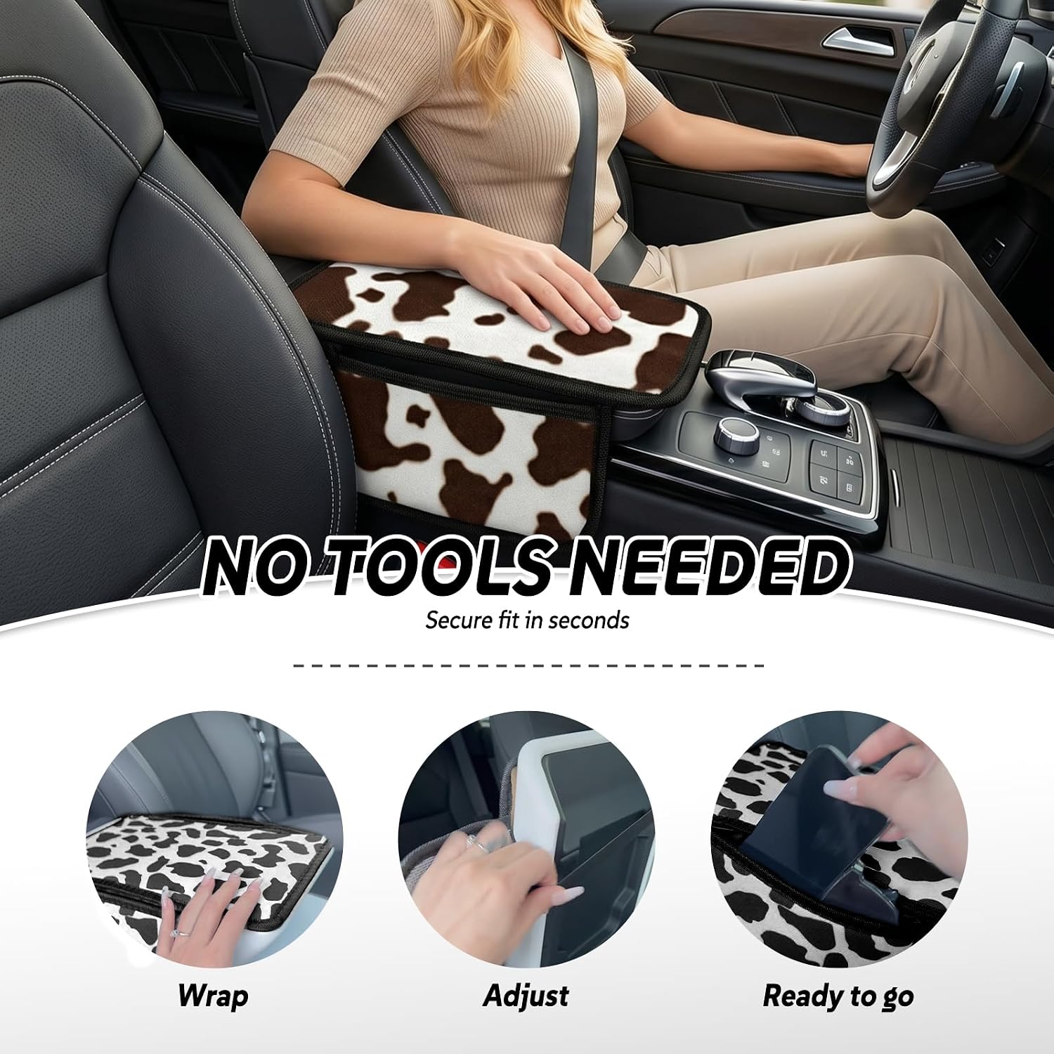 Cow Print Armrest Cover with 2 Side Pockets & Storage Bags, Cute Cow Car Decor,Center Console Cover Pad Organizer, Cow Pattern Cushion Mat,Interior Accessories for Most Vehicles (Brown Cow)