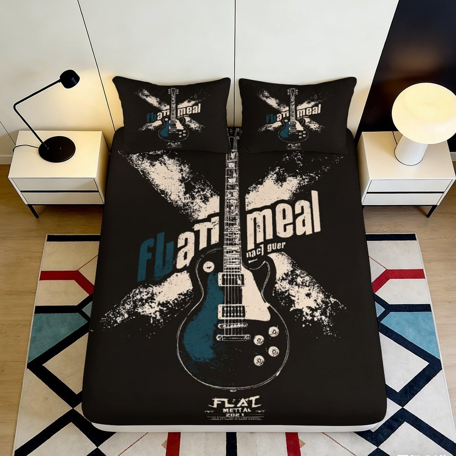 3D Printed Electric Guitar Fitted Sheet Microfiber Rock Music Bedroom Decor Flame Skull Mattress Cover 90x200x25cm