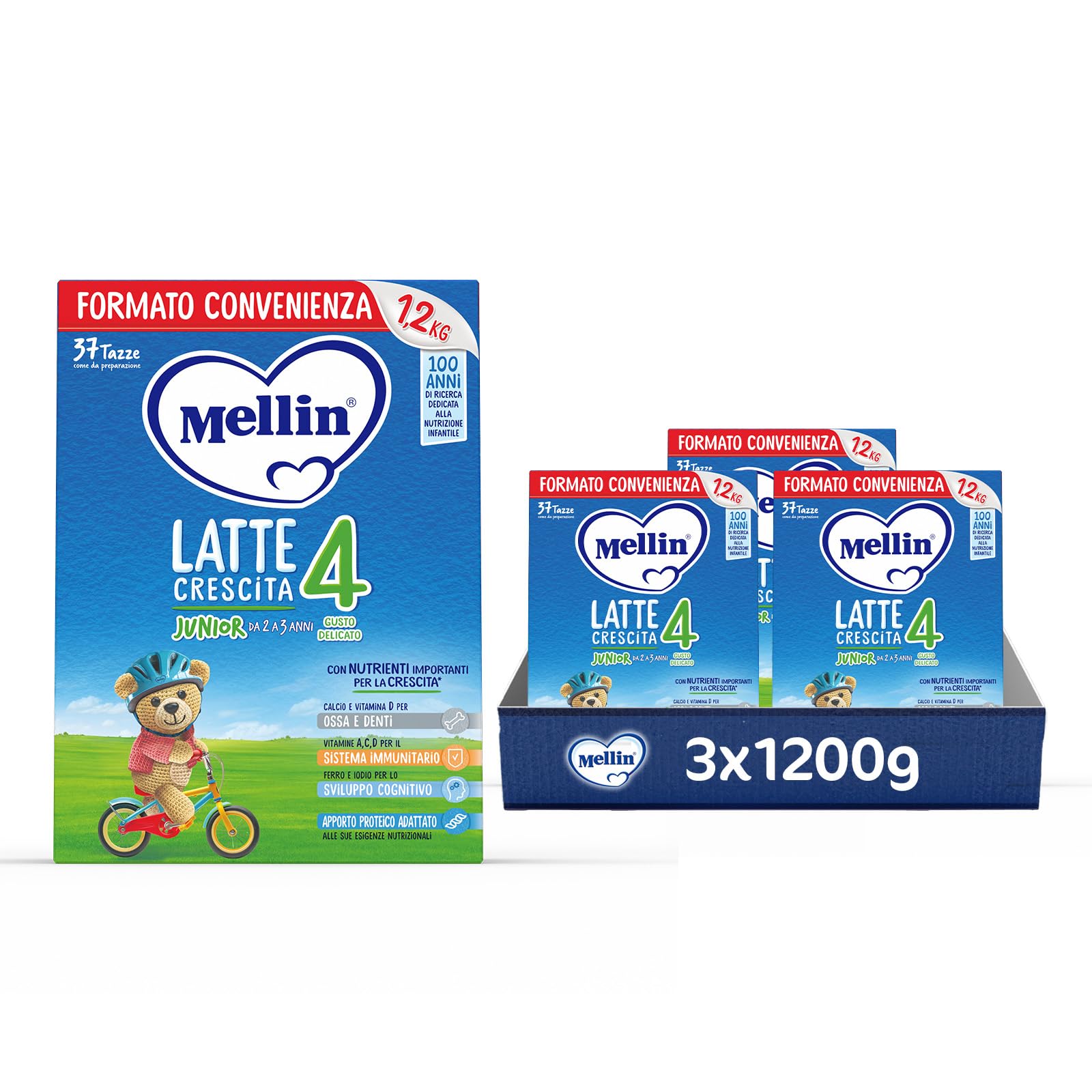MELLIN 4 - Latte di Crescita in Polvere per Bambini - dal 2° anno compiuto  al 3° anno, Gusto Delicato
