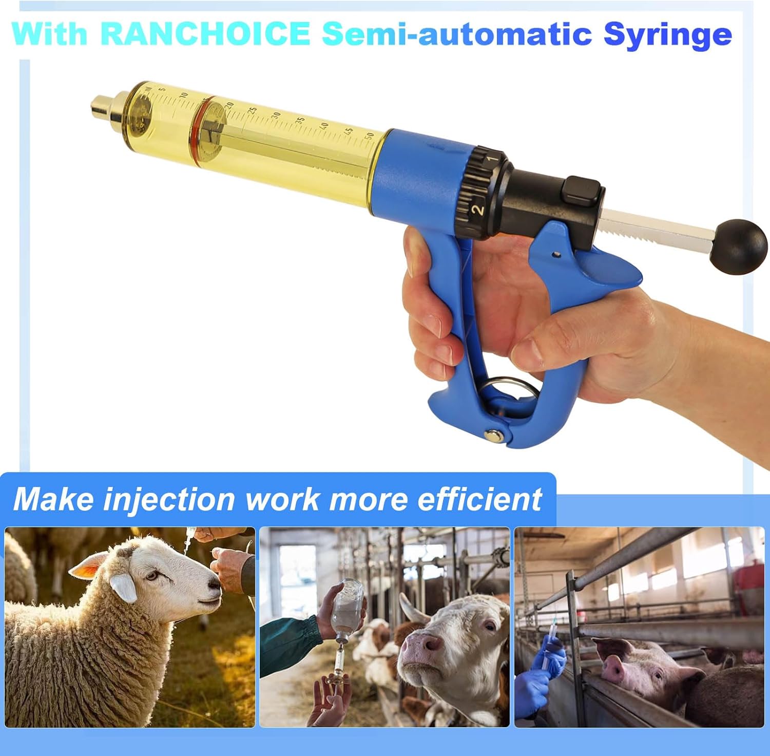 50ML Automatic Livestock Syringe, Adjustable Continuous Repeating Luer Lock Veterinary Syringe, with Extra 3 Colored Piston Rod Knobs and 4-color Coded Syringe Holsters