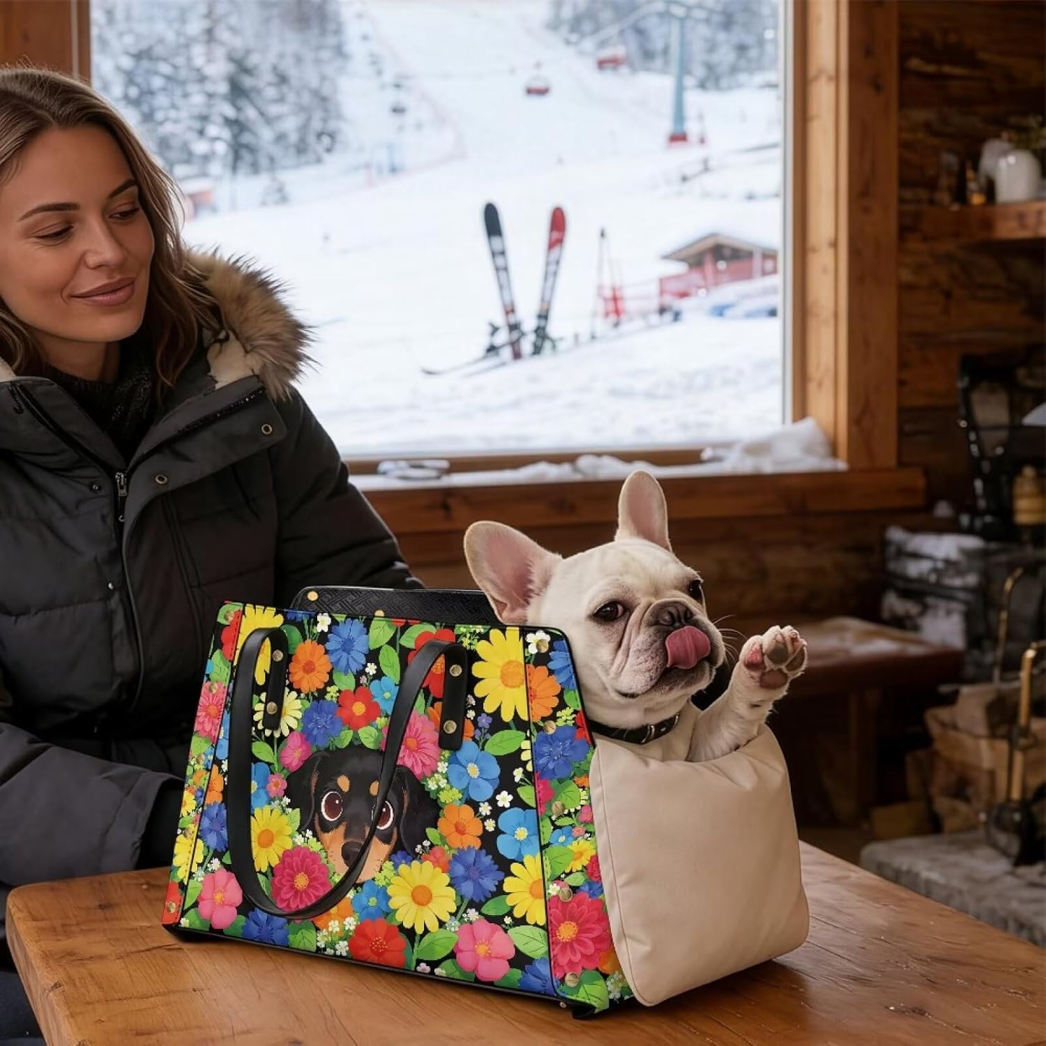 Floral Dog Purse Carrier Lightweight Small Dog Carrier, PU Leather Dog Tote Bag with Large Pockets for Small Cats Outdoor Use