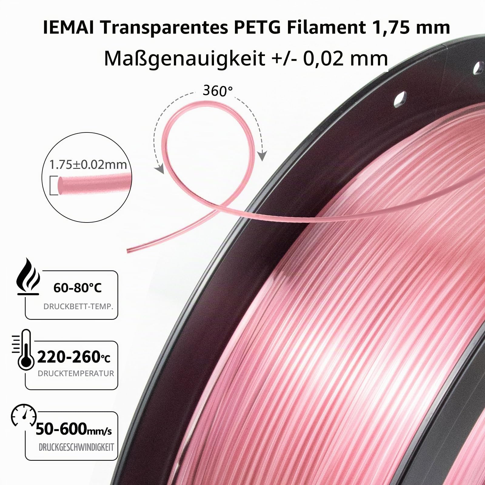 IEMAI PETG Filament 1.75mm 10Kg Set, Clear PETG Transparent/Dunkelgrau/Rot/Orange/Blau/Neongrün/Bernstein/Hellrosa/Cyan/Ozeanblau, High Speed 3D Drucker Filament, Maßgenauigkeit +/- 0,02 mm