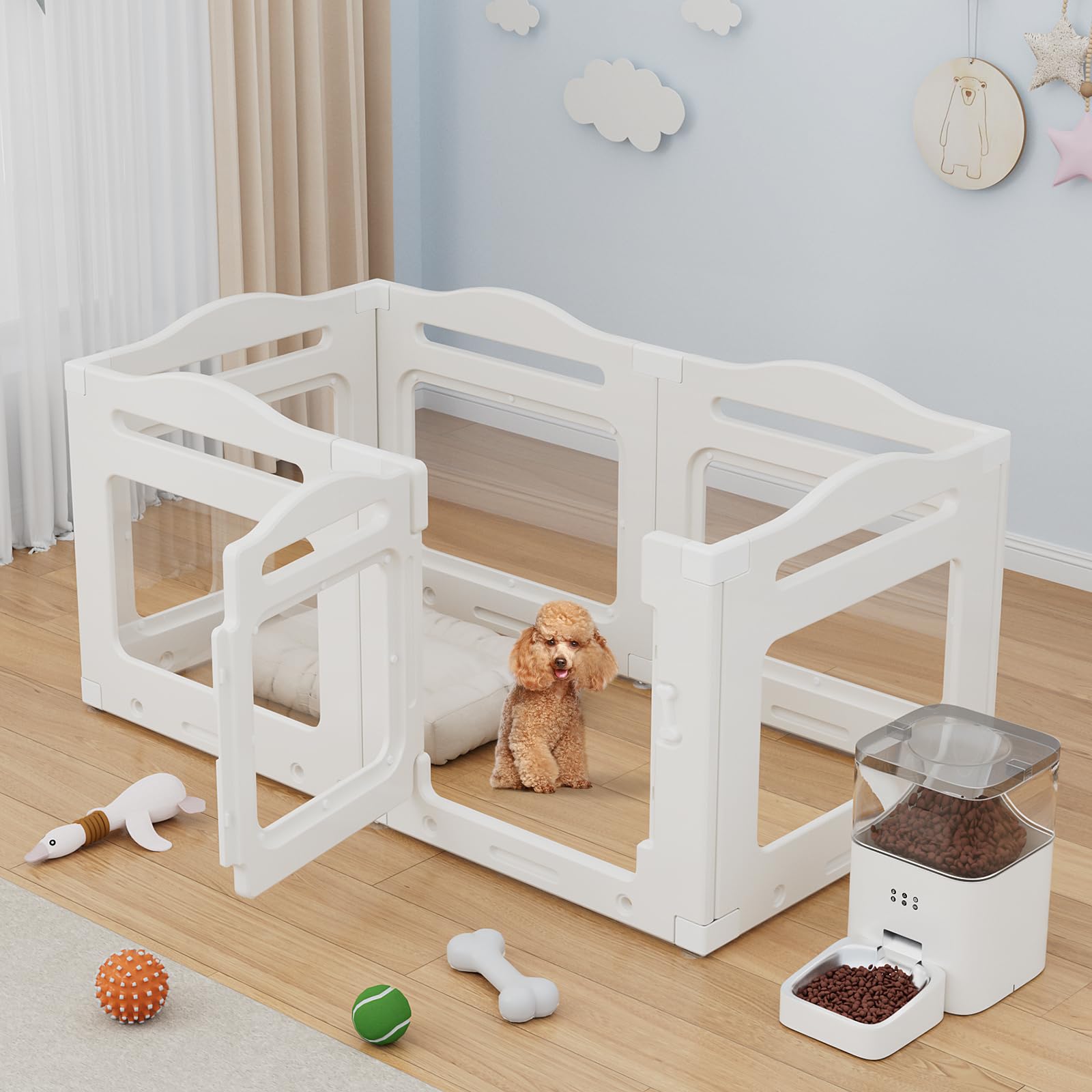 Clevich Enclos pour Chien en Acrylique 129 × 68 × 60 cm, 5 PCS +1 Panneaux avec Porte à Verrou, Clôture d'Intérieur Parc Chien Interieur, Pliable avec Ventouses, adapté aux Appartements, Blanc