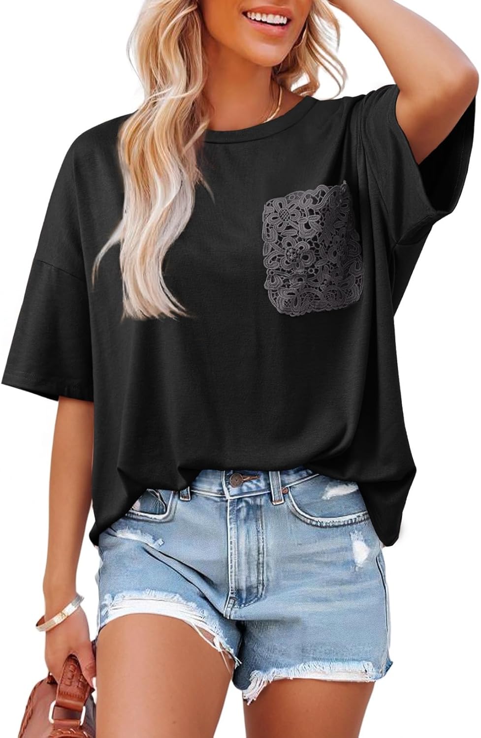 Dokotoo Womens Tops Cute Lace Summer Short Sleeves Oversized Casual T Shirts Lace Pockets - Image 4