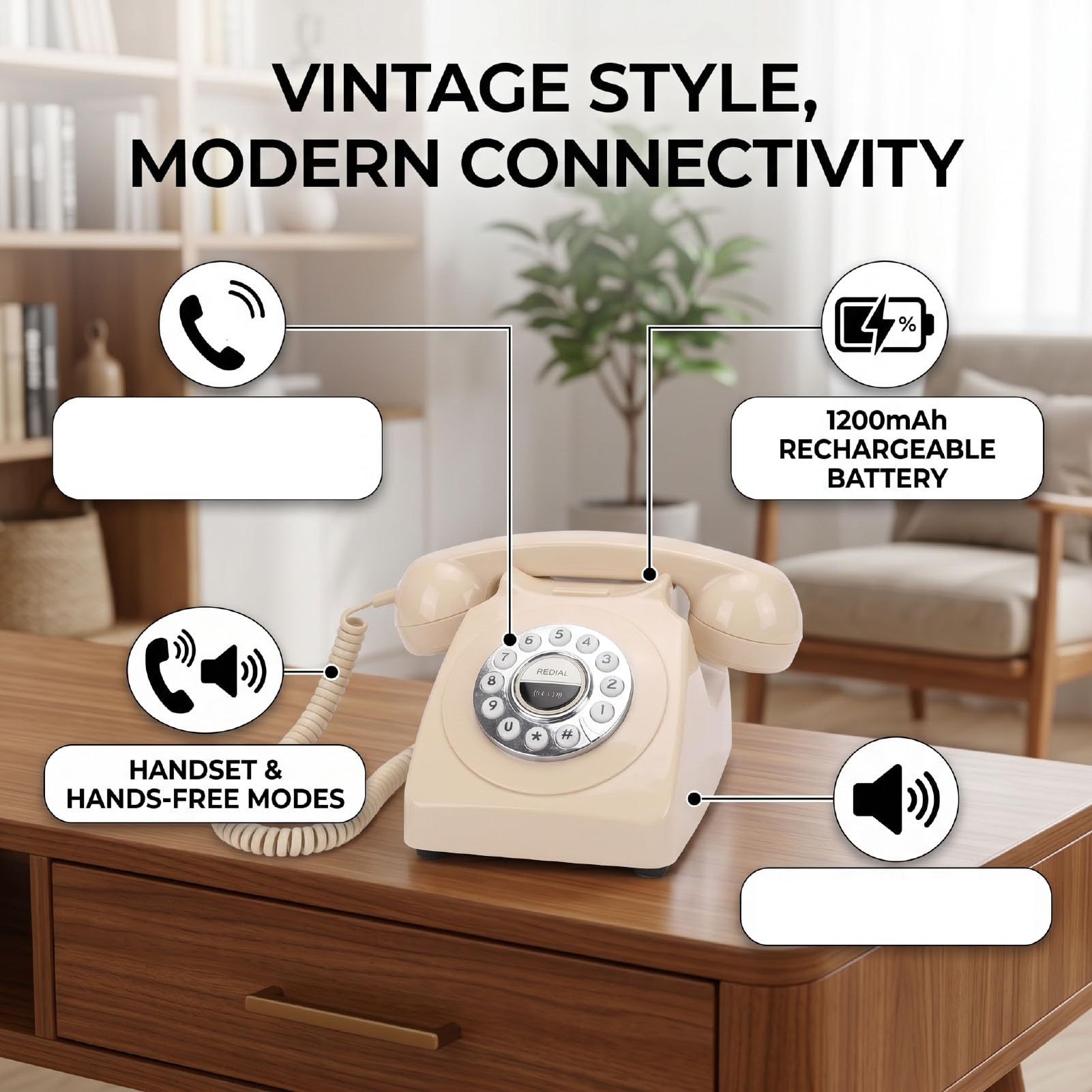 Sxhlseller Teléfono Bluetooth Retro Vintage, Teléfono Fijo Inalámbrico con Altavoz Bluetooth para Conexión de Inteligente en Casa y Oficina