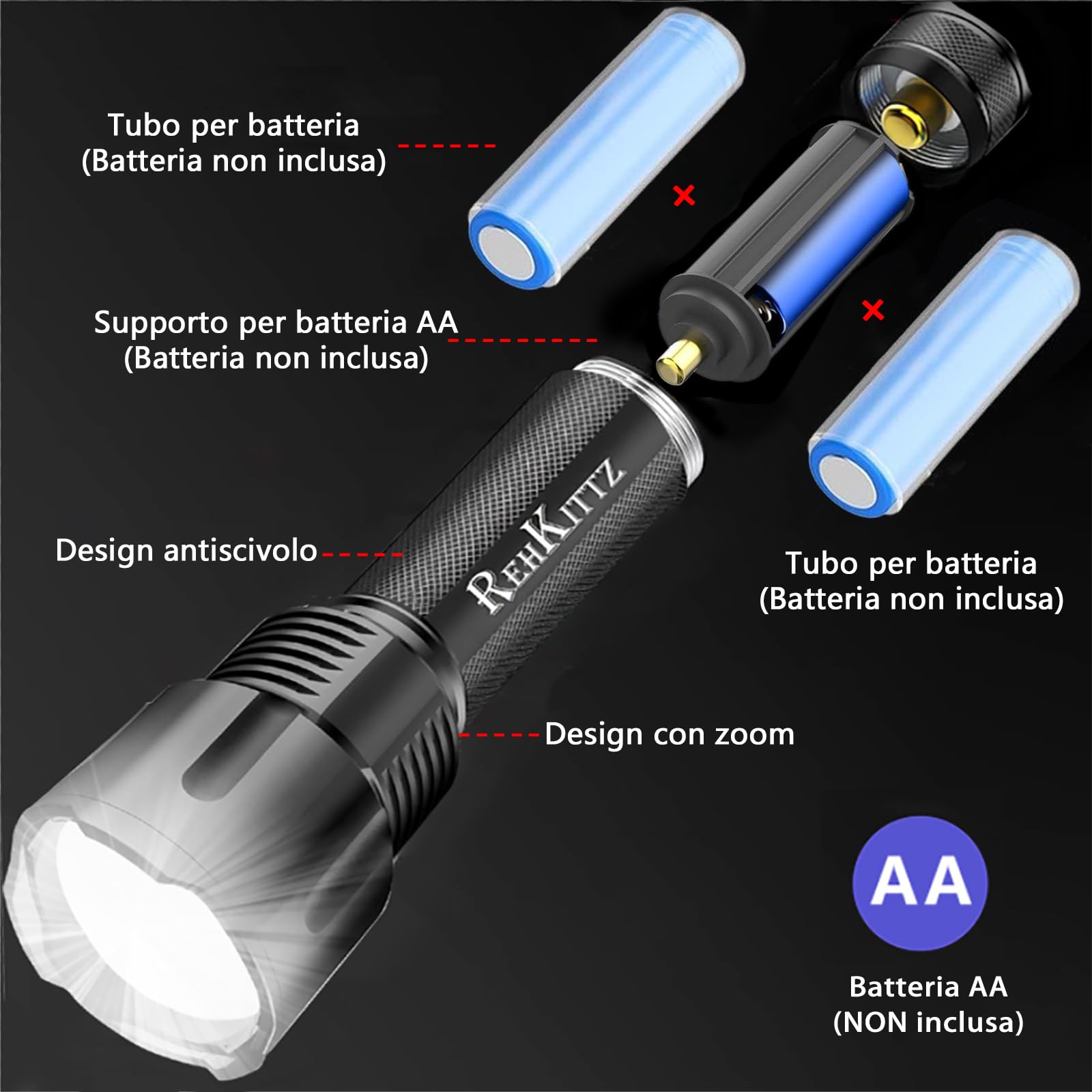 REHKITTZ Torcia LED 3300 Lumen Ultra Potente Regolabile Zoomable Torcia, per Attività Esterne o Fai Da Te.