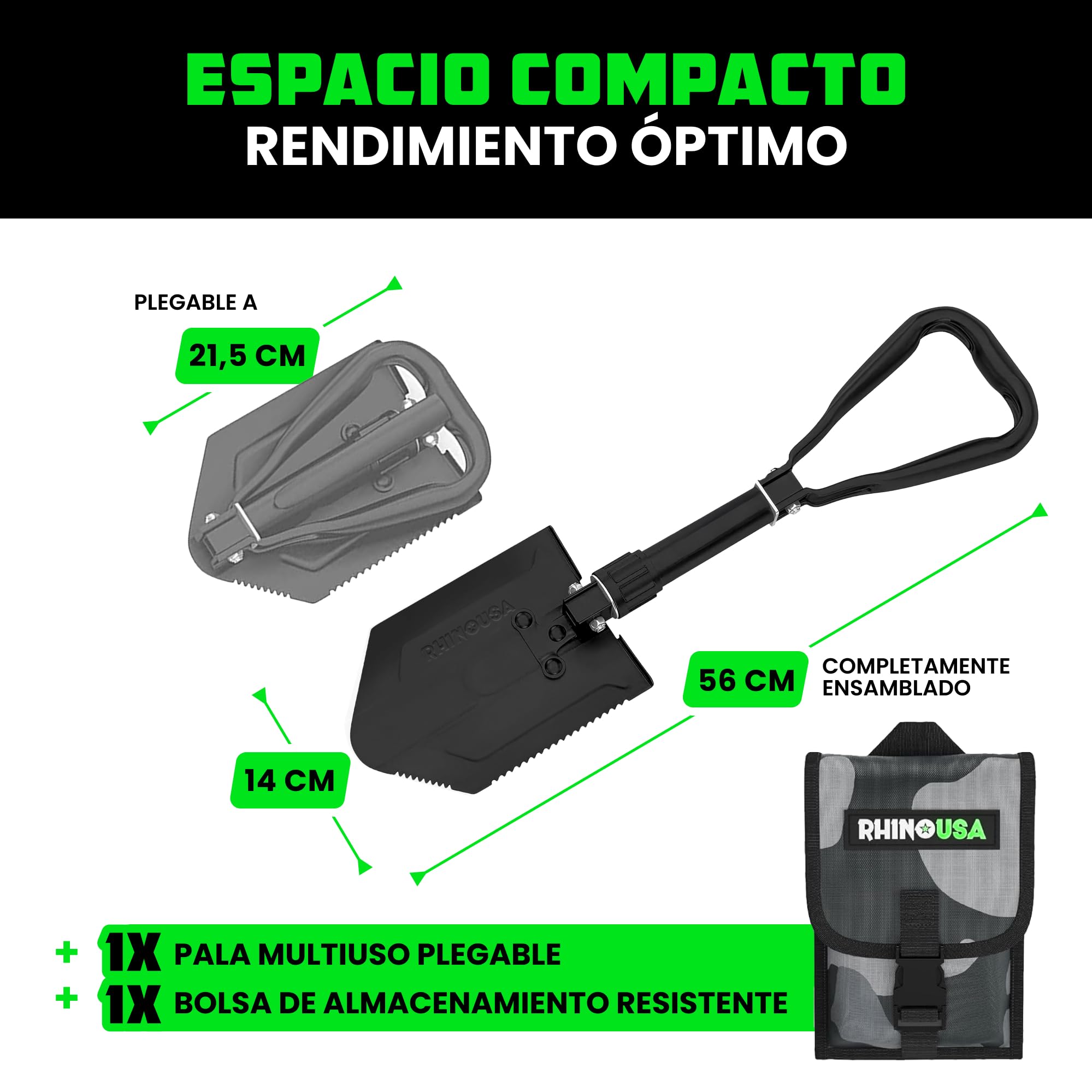Rhino USA Pala Plegable con Pico - Pala eTool Plegable de Acero Robusta para Playa, Camping, Jardinería y más - Herramienta de Excavación Militar Táctica para Tierra, Arena, Barro y Nieve