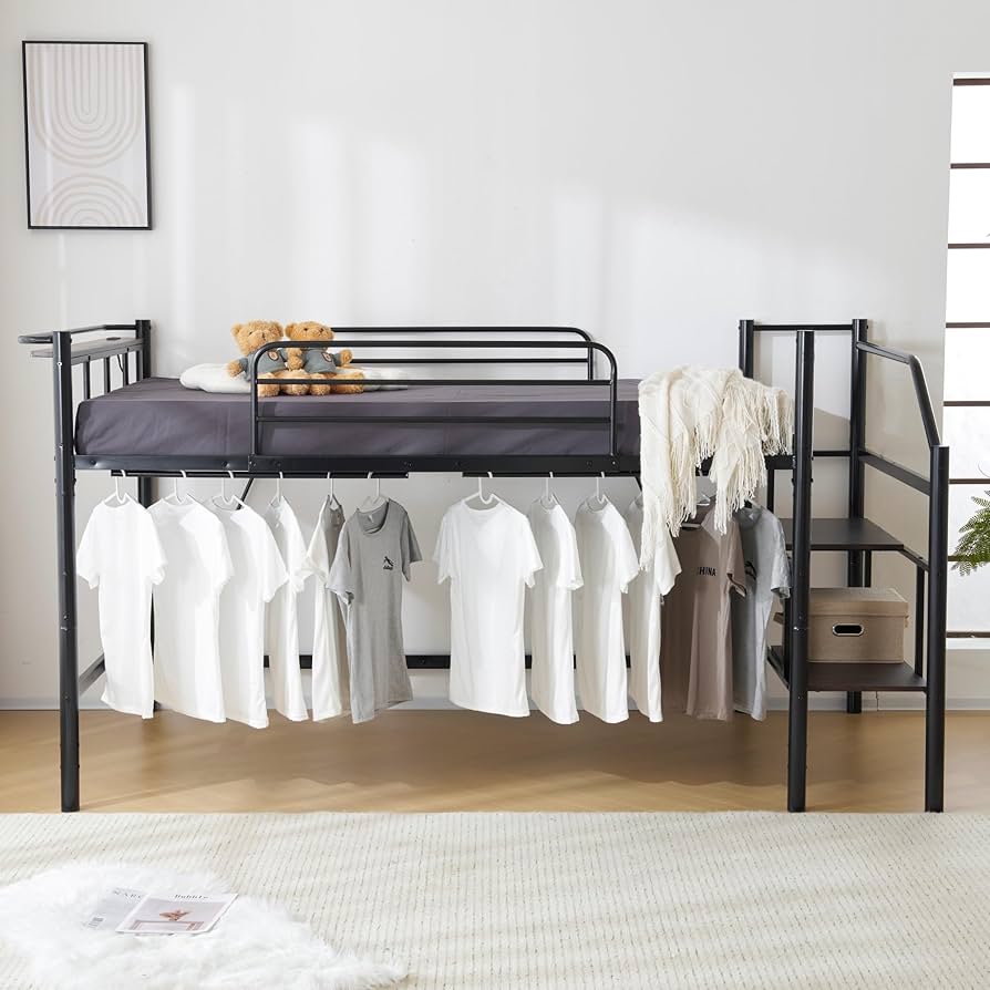 Amazon｜ロフトベッド 宮棚 パイプベッド 階段付き セミダブル 棚 収納