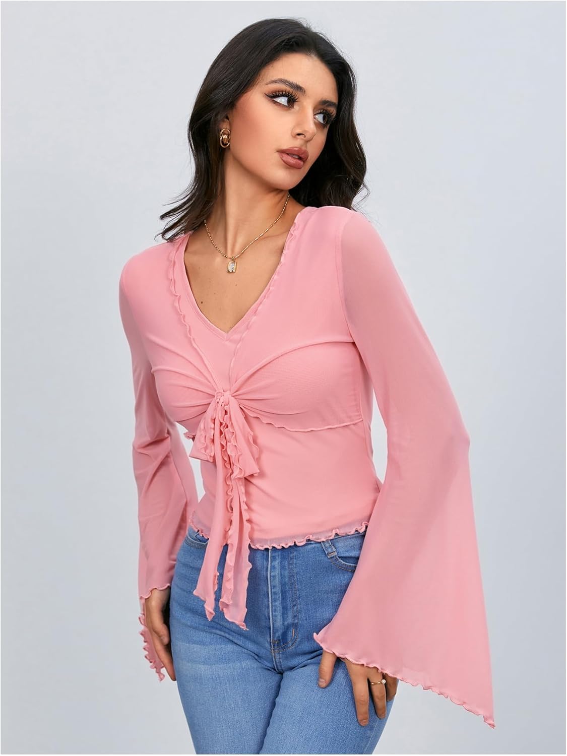 Verdusa Women's Y2k Bell Sleeve V Neck Mesh Going Out Crop Top 2000s Whimsical Clothes - Image 5