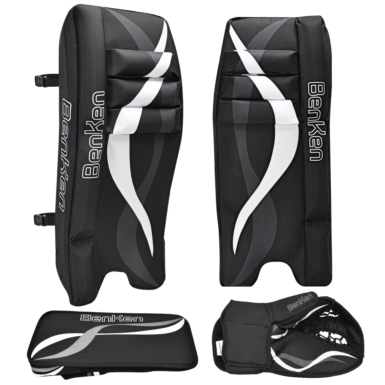 BenKen Street Hockey Goalie Equipment Set, NHL Youth Street Hockey Goalie Pads - Leg Pads, Catch Glove, and Blocker, Youth Goalie Gear