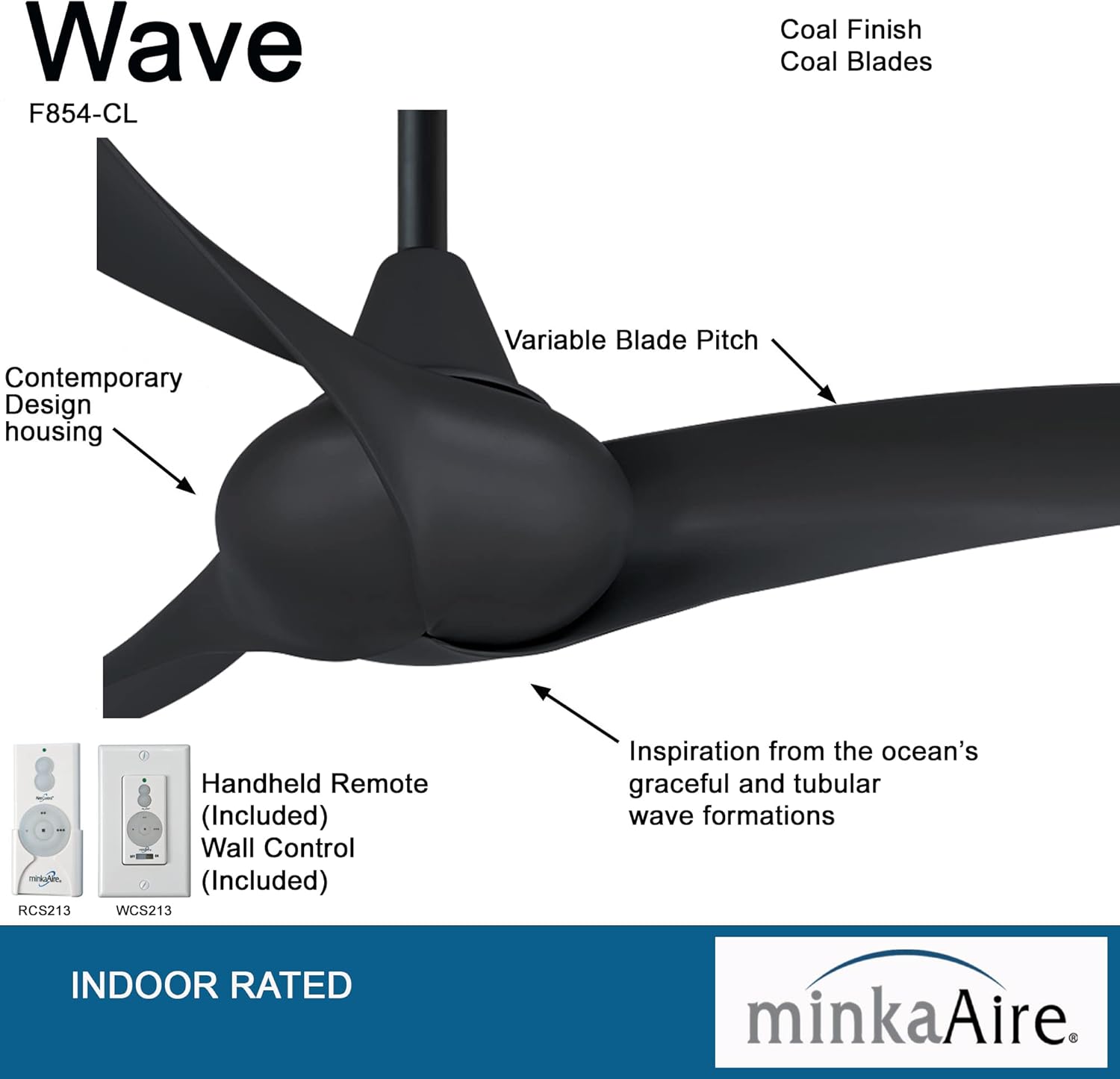 MINKA-AIRE F854-CL Wave 44" Ceiling Fan in Coal Finish with Remote and Additional Wall Control
