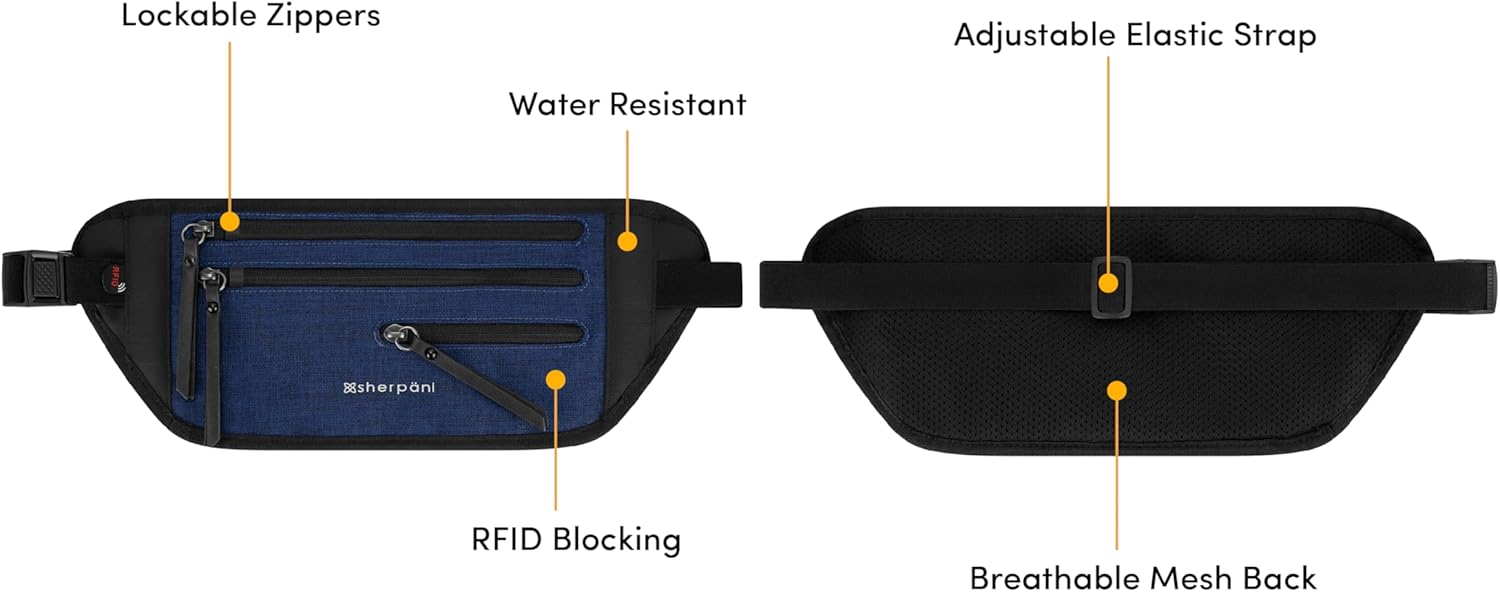 Sherpani Jett, Travel Money Belt, Secure Waist Bag, Slim Passport Holders, Blocking Hidden Wallet Belt Bag, Fanny Pack for Women, Travel Gift, RFID Protection (Indigo Lite)