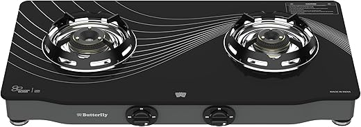 Butterfly Renz 2 Open Burner 3 Star Glass Top Gas Stove | Fan Shield | Leak Proof European Valve | Rust Resistant Frame | Patented Lift Lock | 8Mm…