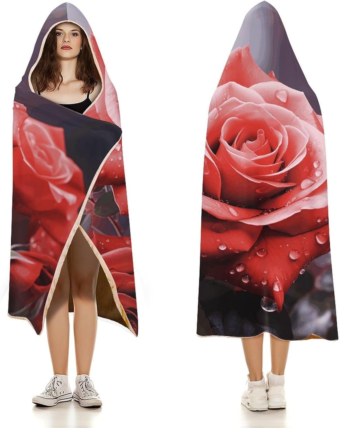 Roses Flower Wearable Hooded Blanket, Ultra Soft Arctic Velvet Cape Cloak Unisex - Cozy Wearable Blanket