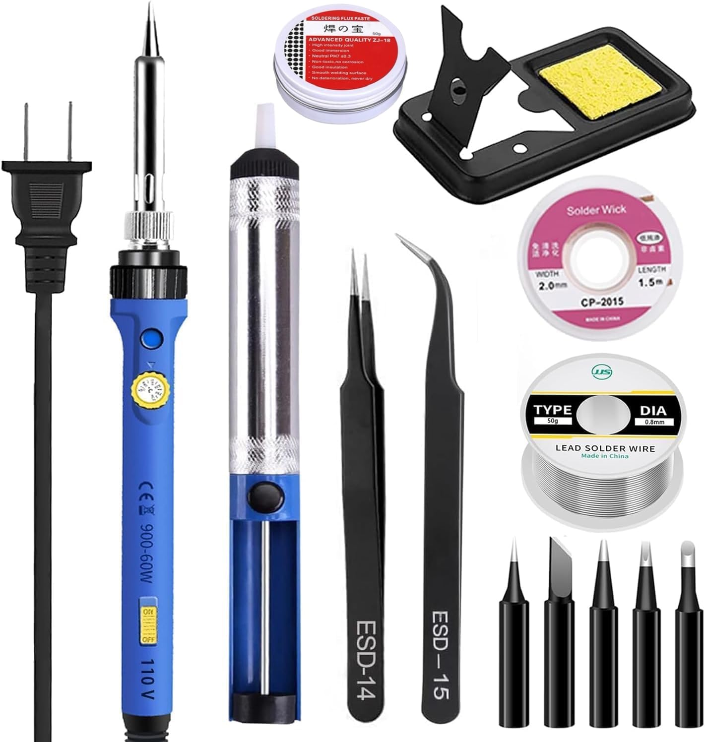 Lesimoll はんだごて ハンダゴテ 15-in-1はんだごてセット 溶接工具 精密半田ごて 電気ハンダゴテ 60W/110V 温度調節可能(200～480℃) 5つ無酸素銅こて先 50g高純度はんだ 10gフラックスペースト付き ON/OFFスイッチ付き 半田吸取器 日本語取扱説明書付き 家電修理・回路基板・基盤などにの電子作業・電気DIY用（15点セット）