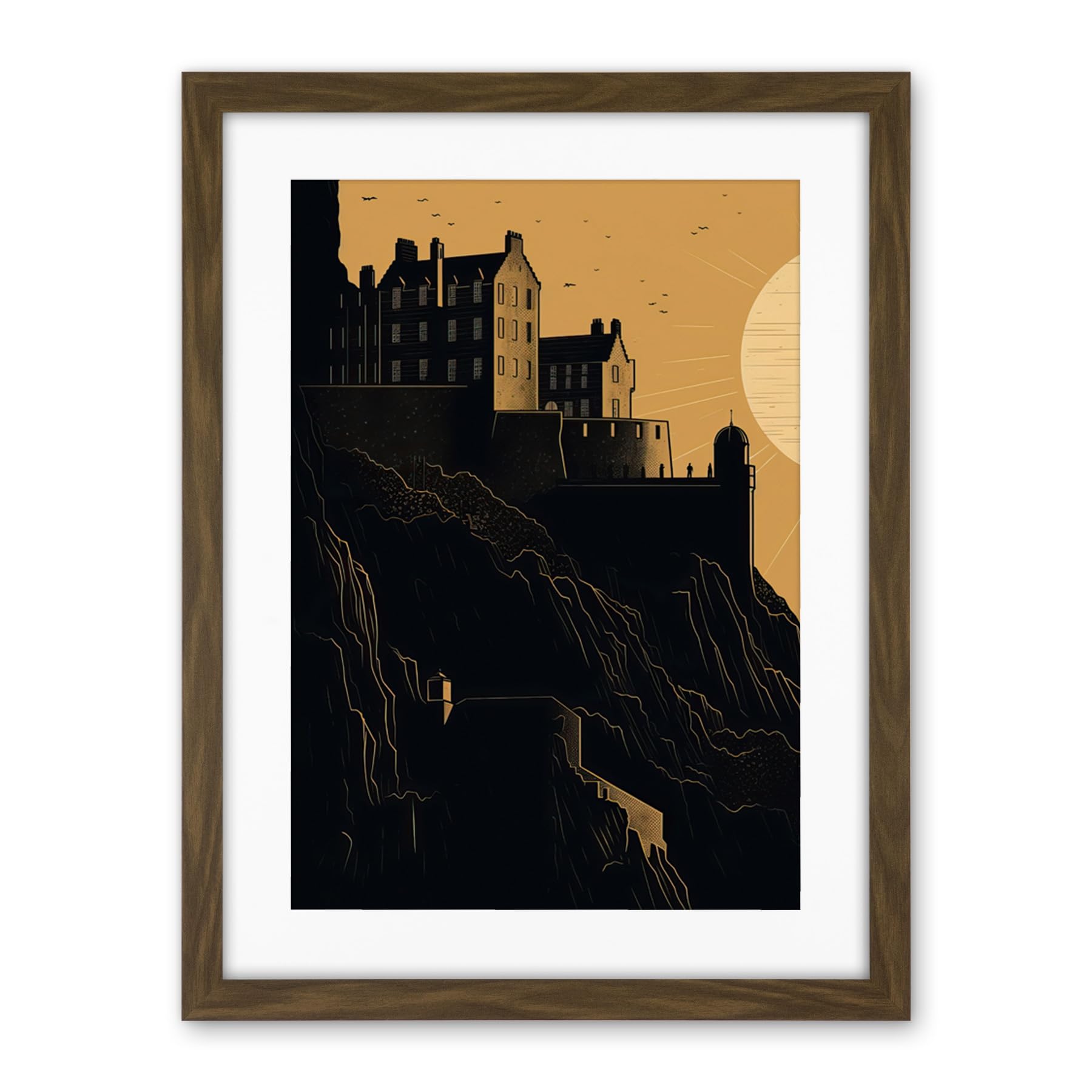 Artery8 Edinburgh Castle at Sunset Linocut Illustration Artwork Framed Wall Art Print 18X24 Inch