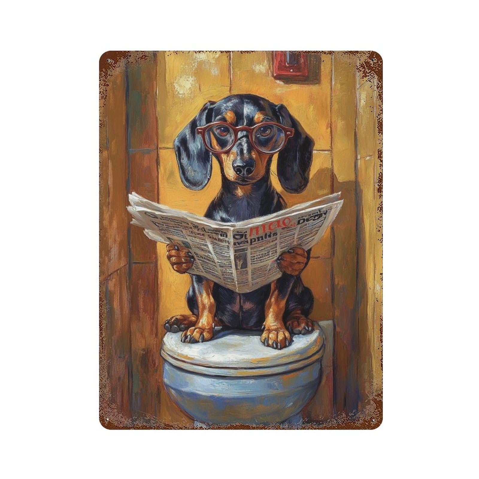 Dog Reading Newspaper on Toilet-27 Distressed Metal Wall Sign 15.7"x11.8", for Garage, Bar And Workshop Decor, Decorative Metal Wall Art