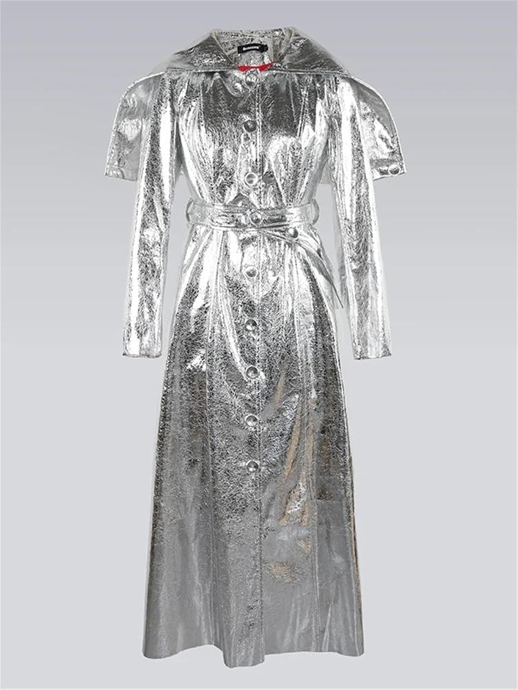 Women Autumn Maxi Elegant Chic Silver Gold Shiny Patent Faux