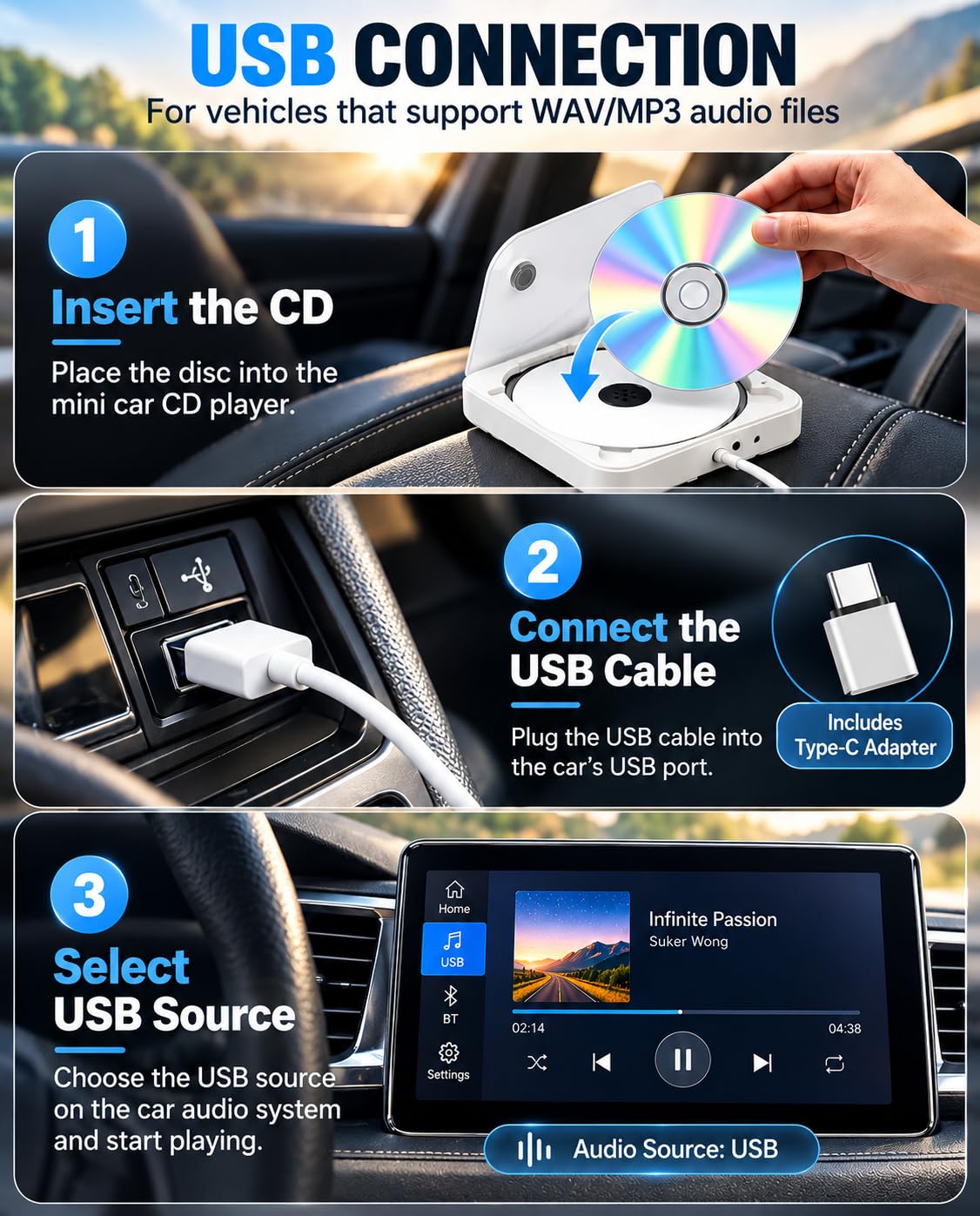 Lecteur CD de voiture portable Plug and Play avec câble d'extension USB supplémentaire avec port USB AUX, pour véhicule, ordinateur portable, TV, ordinateur, pour Android 4.4 et