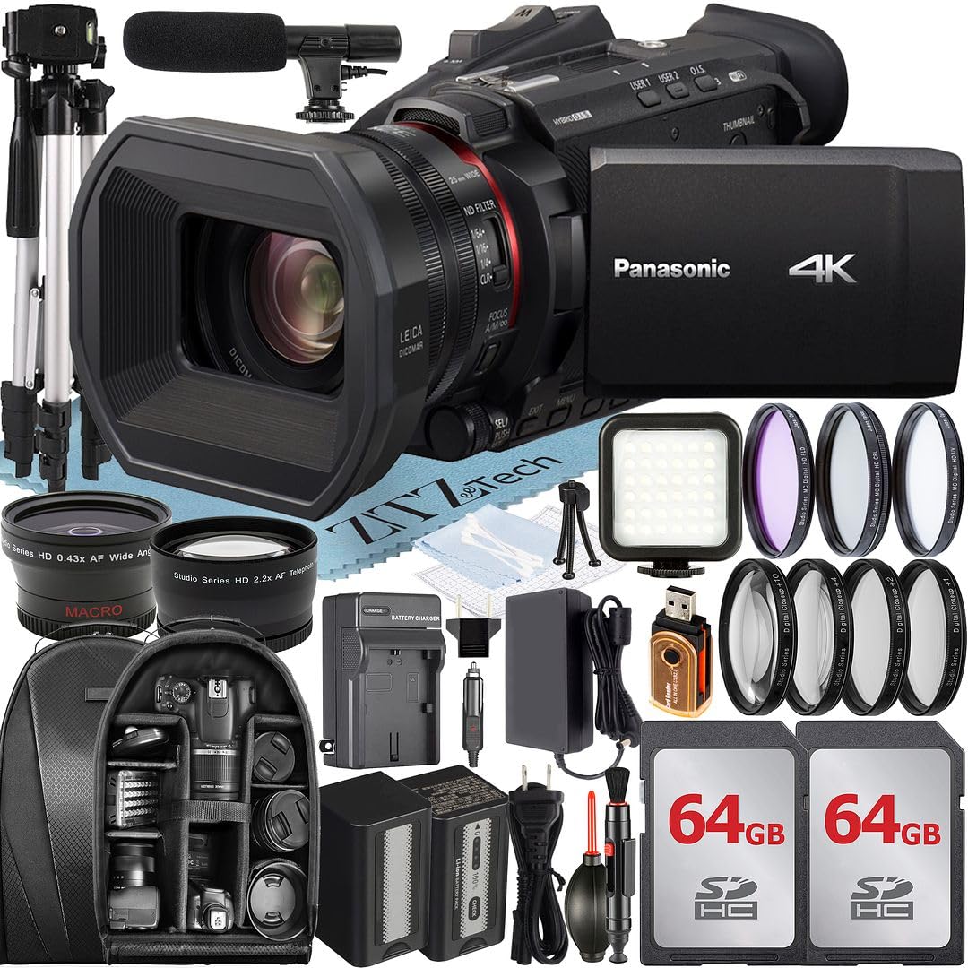 Panasonic HC-X1500 4K Professional Camcorder with WiFi + Backpack + 2 Pack 64GB Memory Card + Flash Accesory Bundle, Black
