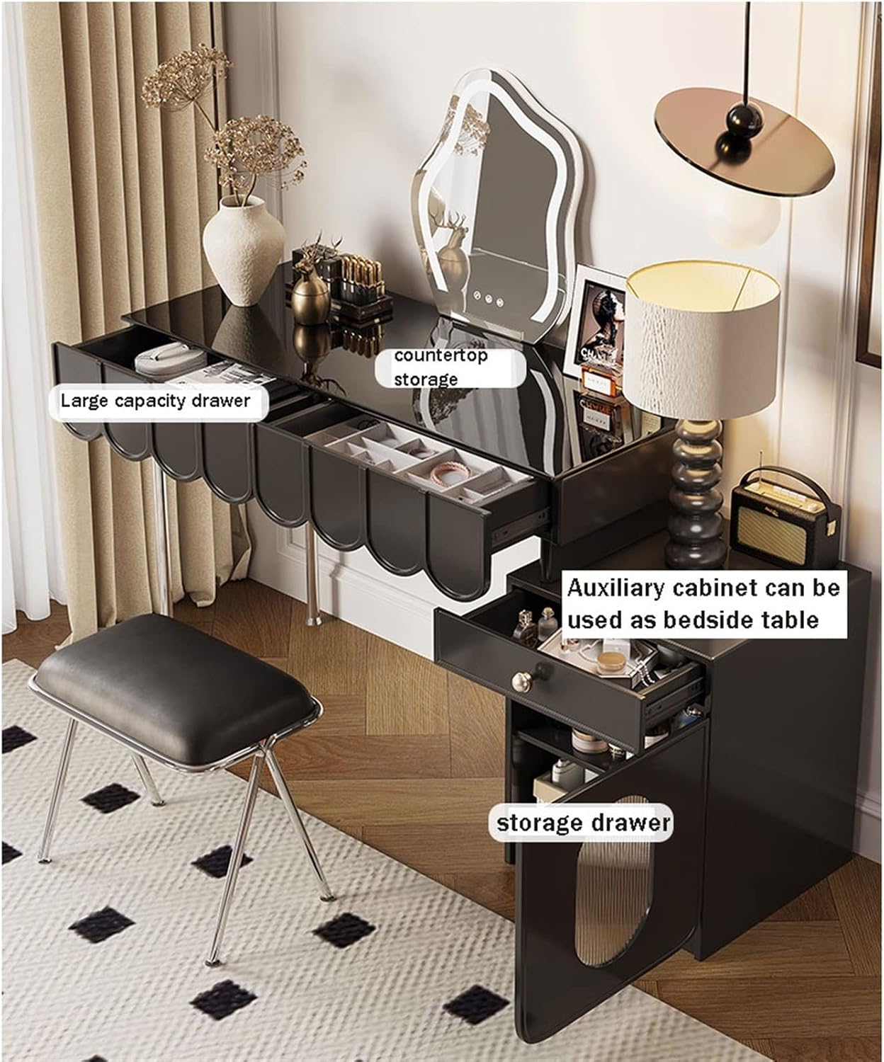 Vanity Dressing Table Set Luxury Makeup Bench with 3 Colors Led Hd Mirror,Comfortable Stool Drawers Cabinet,Modern Simple Style,for Girl's Gift (Size : 100cm) ()