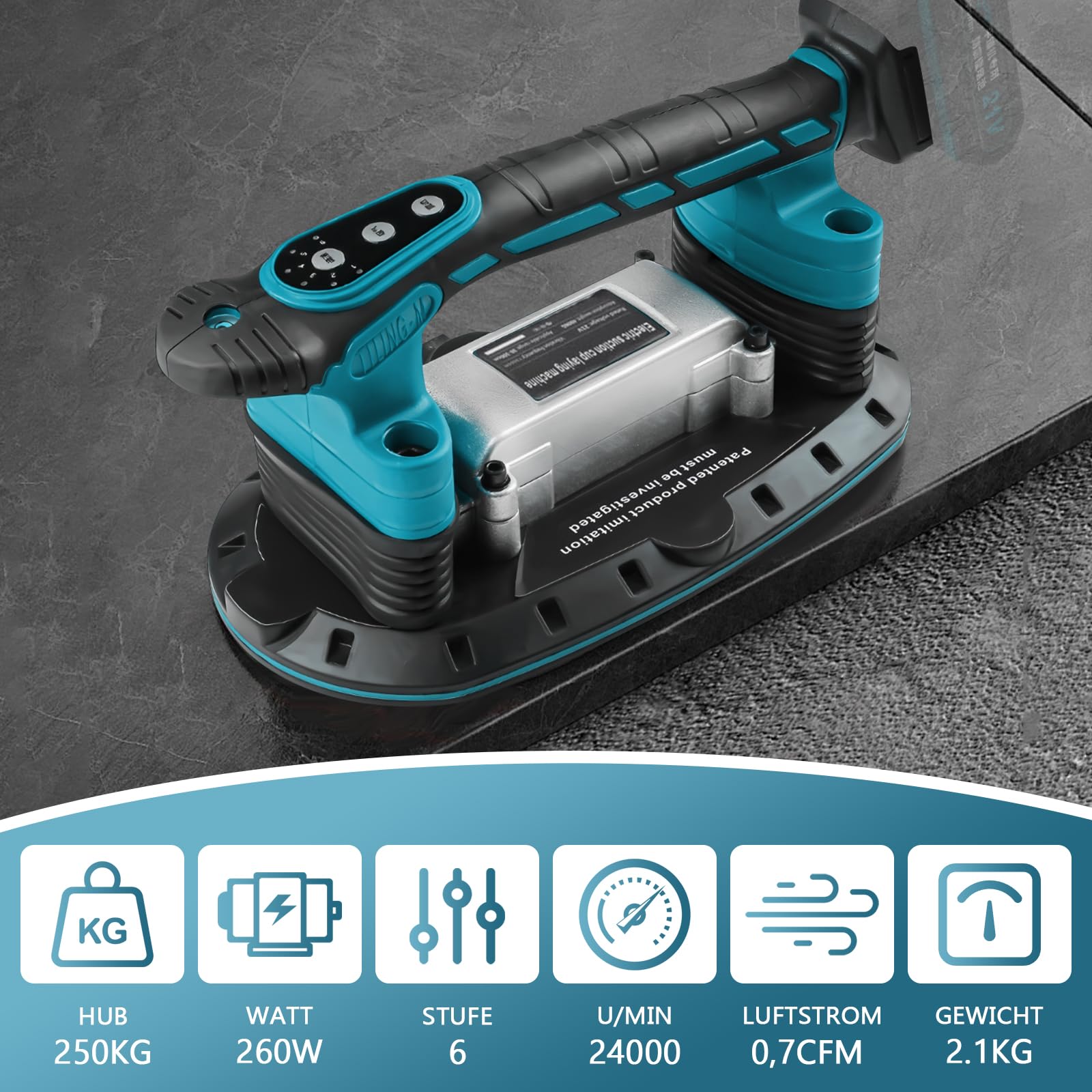 2IN1 Akku Fliesenrüttler & Saugnäpfen kompatibel mit Makita 18 V Akku, Handheld-Automatischer Kippender Vibrator mit 6 Gang Einstellbaren, Hochleistungs Fliesenleger Maschine, 30*16cm, 250kg Tragkraft