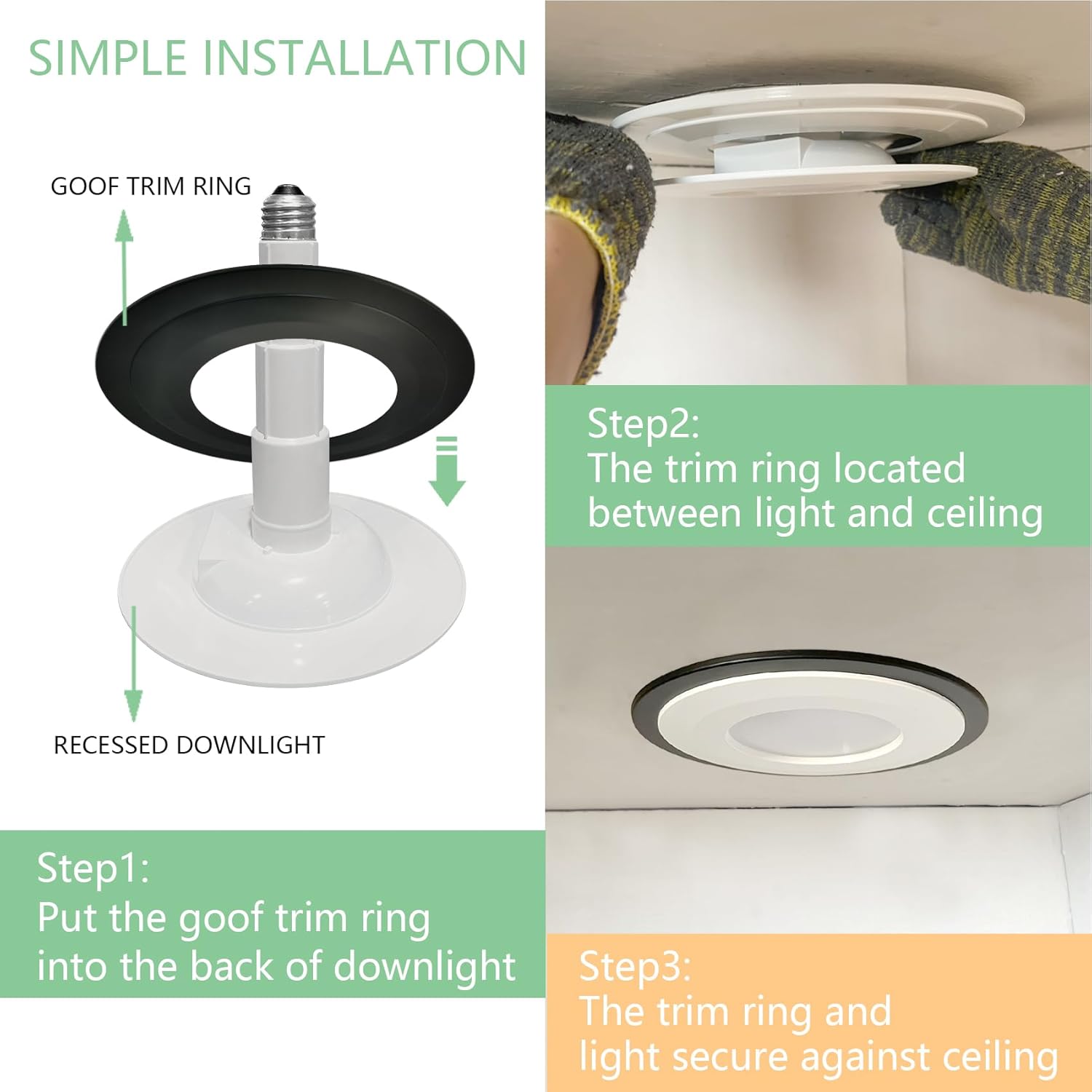 Solissed Goof Ring for 5/6 Inch 3000K Recessed Downlight, Black Can Light Goof Trim Ring+ 5/6 Inch LED Can Lights Length Adjustable Recessed Lights,4-Pack
