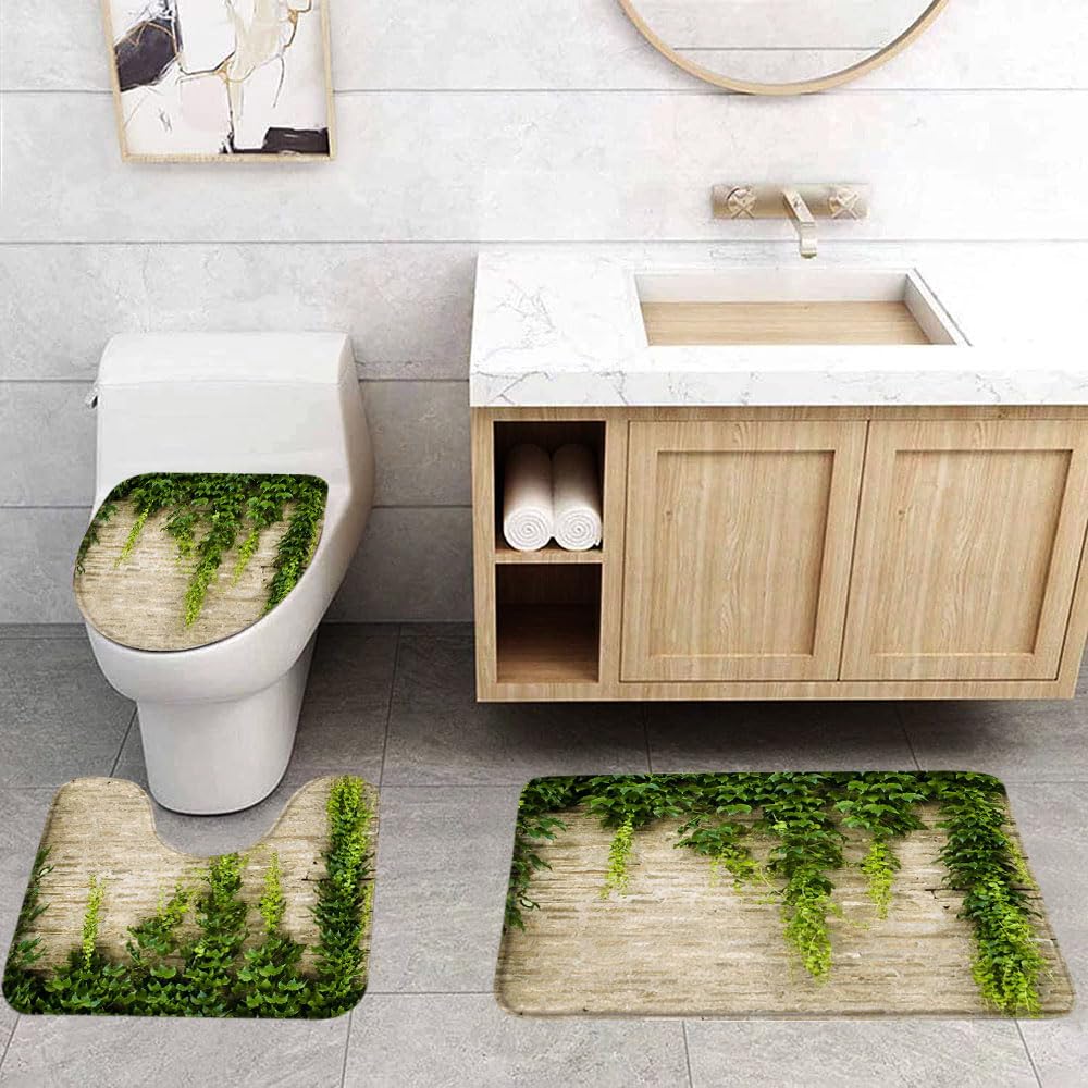 VPUPCN Brick Wall 3 Pcs Bath Rugs Set,Green Leaf Ivy Plant Rustic Rocks Stone Wall Natural Farmhouse Botanical Bathroom Kitchen Rug with 17.8