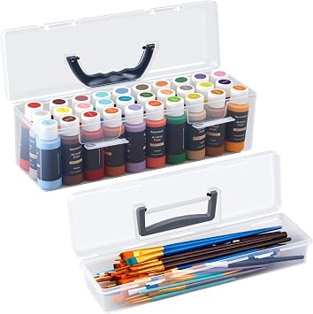 Geelin Clear Paint Storage Box and Paint Brush Storage Box Set, 30 Bottles Capacity Paints Organizer for 2 fl. oz Bottles, Portable Long Brush Holder Boxes, Craft Organizer
