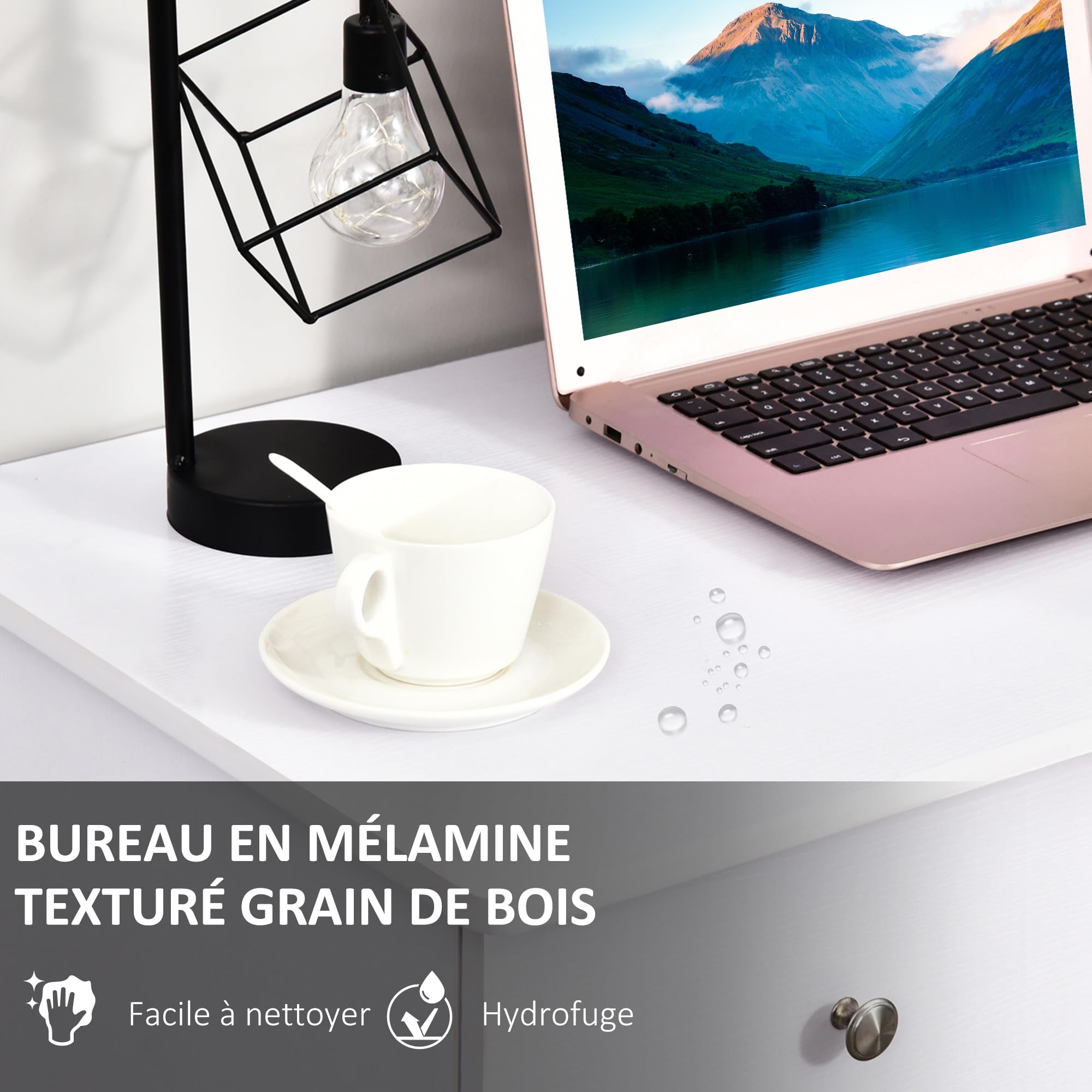 HOMCOM Bureau Informatique Multimédia 3 Tiroirs 120L x 49l x 72H cm Blanc