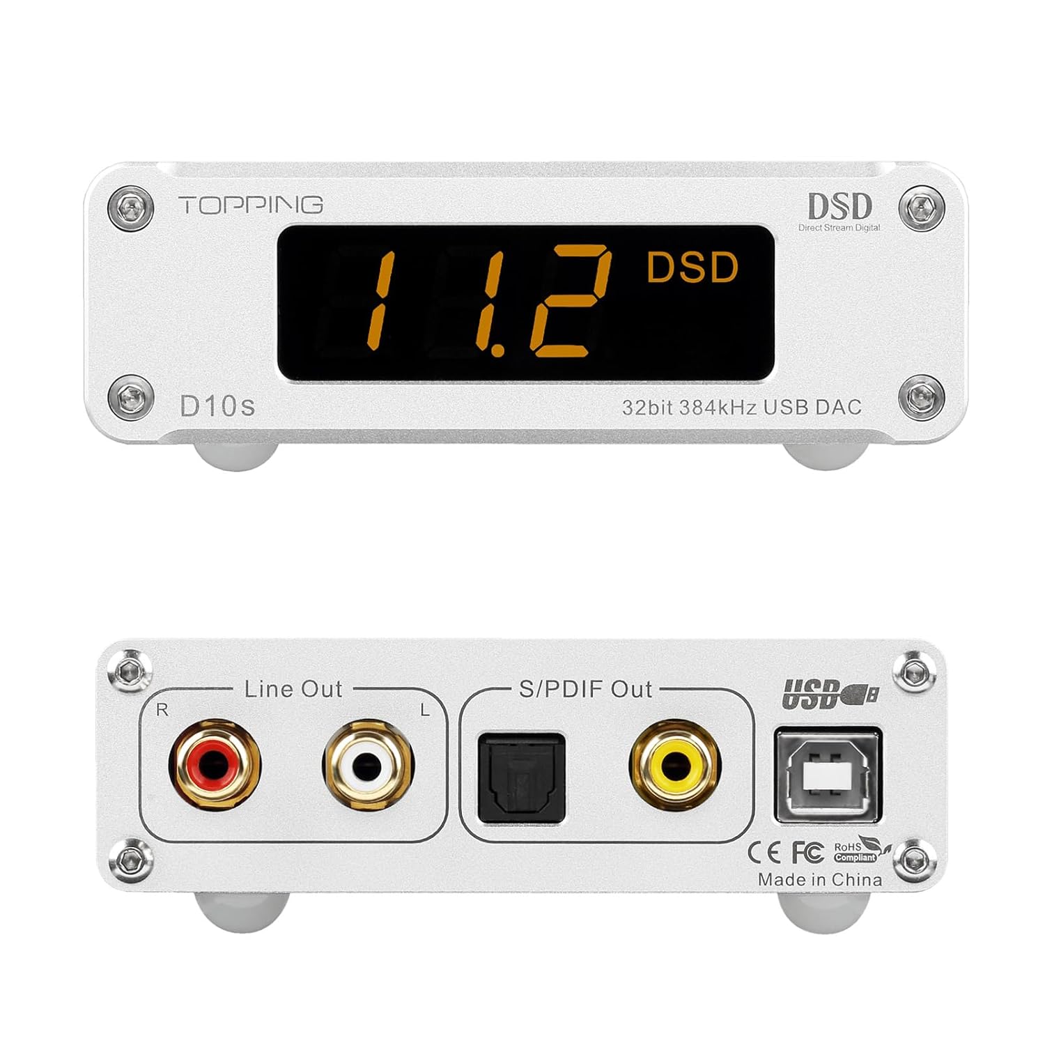 TOPPING D10s USB DAC, XMOS XU208 ES9038Q2M DSD256 PCM 32Bit/384kHz, USB to RCA Coaxial and Optical Outputs, Hi-Res Audio Decoder for Desktop PC/Phone (D10S-Silver)
