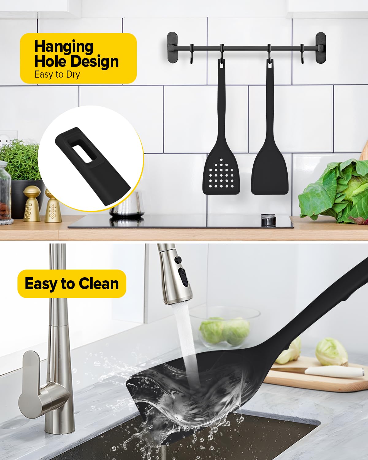 Packung von 2 Silikon Spatel Turner, Non-Stick Küche Spatel Set mit Rücken Haken, hitzebeständig BPA freie Küchenutensilien, geeignet für Flipping Fisch, Eier, Steak, Pfannkuchen (Schwarz)