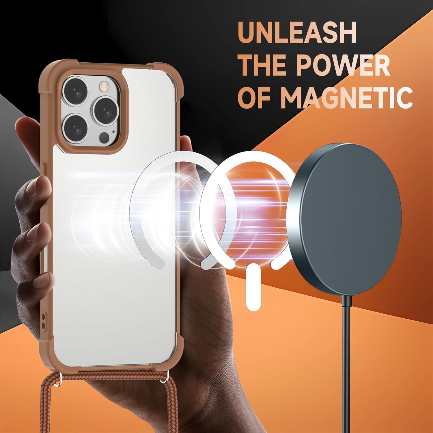 Magnetic Crossbody Lanyard Case for iPhone 16 Pro, Ultra Clear Case Compatible with MagSafe Bumper with Strap Adjustable Neck Cord Necklace Cover for iPhone 16 Pro-Coffee - Image 2