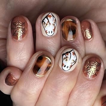 Halloween Fake Nails Short Oval Matte Finish Press-On Gold Foil Spider Web Design for Party Theme Salon