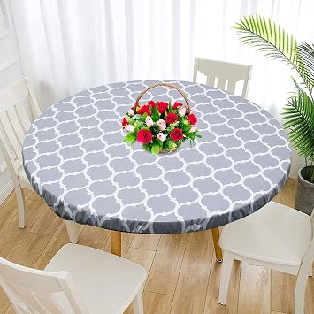 Waterproof Round Tablecloth Elastic Edged Fitted Table Cover Wipeable Oil-proof Table Cloth for 43-55Inch Kitchen Dining Room Tabletop