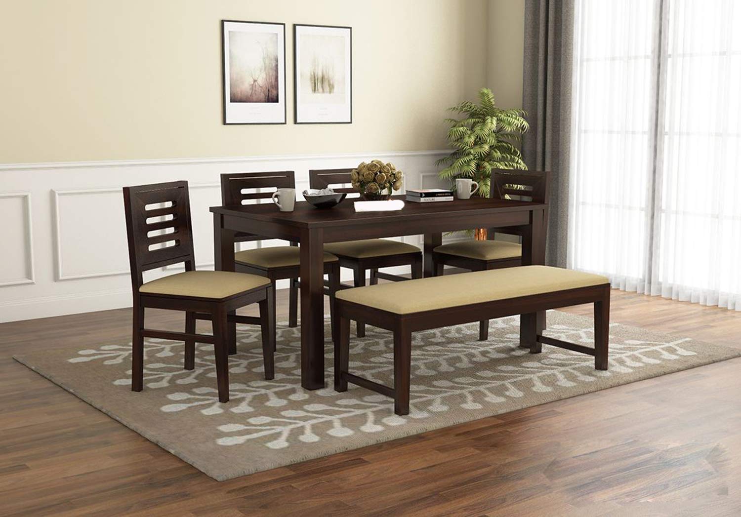 Ramdoot Furniture Solid Sheesham Wood Dining Table Set 6 Seater | Six Seater Dining Table 6 Seater with 4 Cushion Chairs & 1 Bench for Living Room | 6 Seater Dining Set for Hotel Restaurant, Walnut