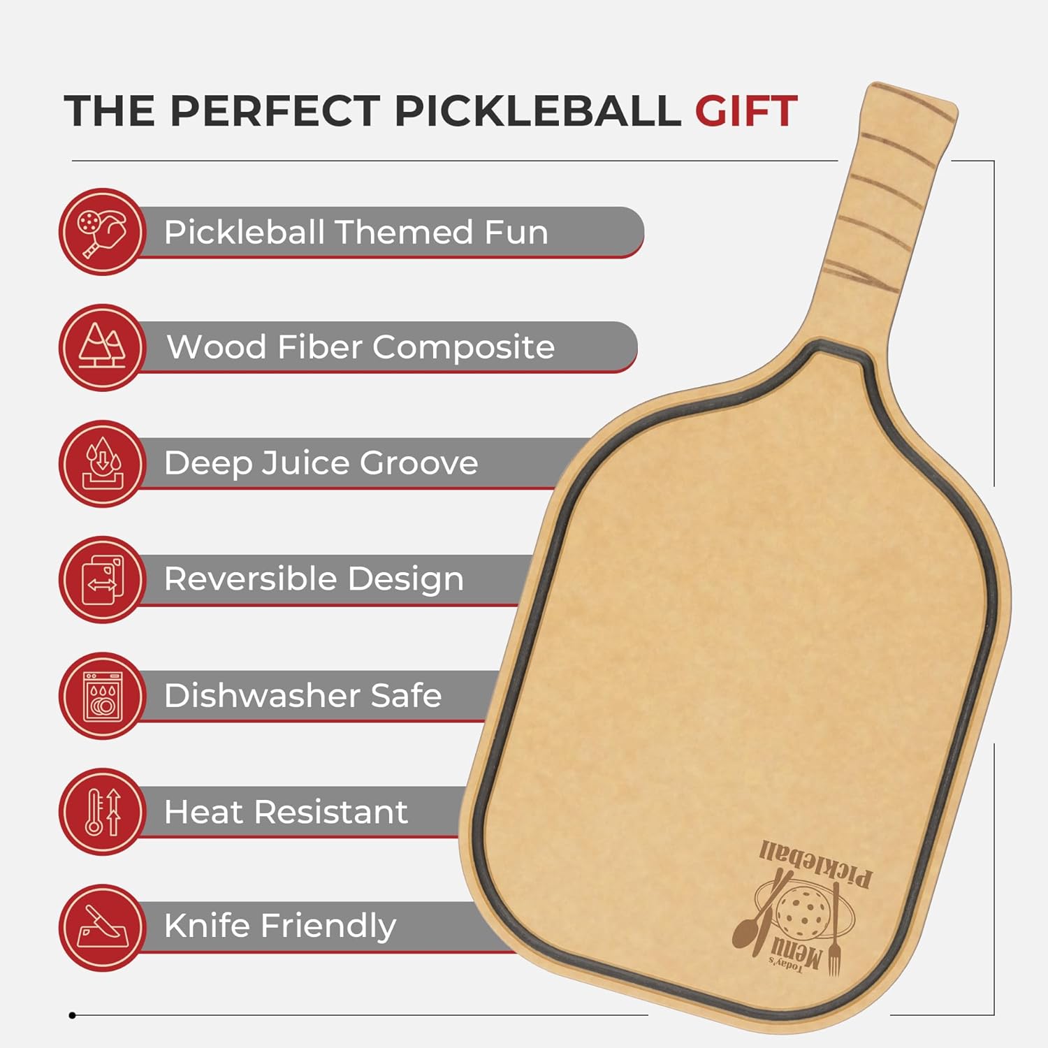 Elihome Pickleball Charcuterie Cutting Board, Pickleball Gifts for Women Men, Wood Fiber 16 x 8.5, Paddle Shape with Handle, Dishwasher Safe, Reversible Design, Juice Groove"Today's Menu: Pickleball"