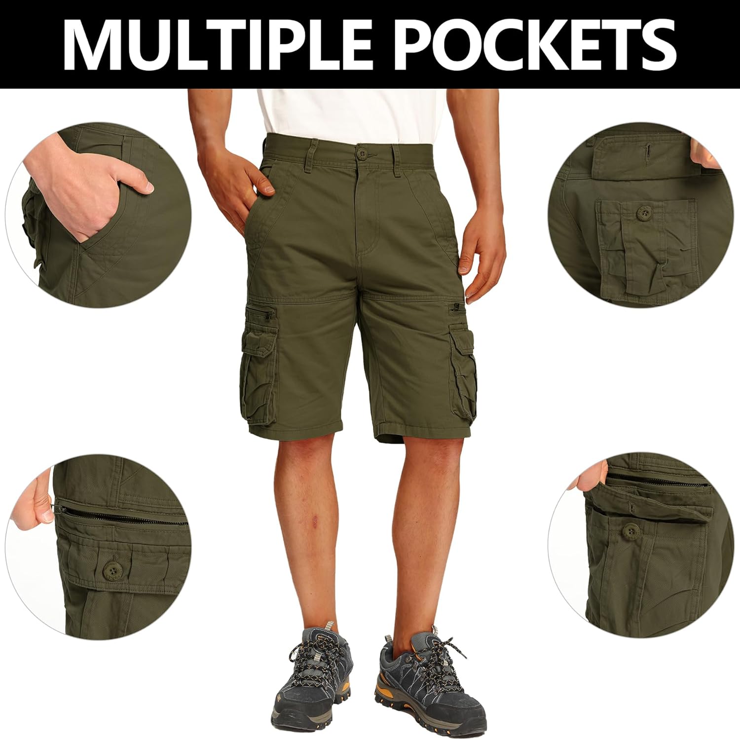 Men's Cotton Cargo Shorts Relaxed Fit Outdoor Casual Work Shorts with Zipper Pockets No Belt - Image 4