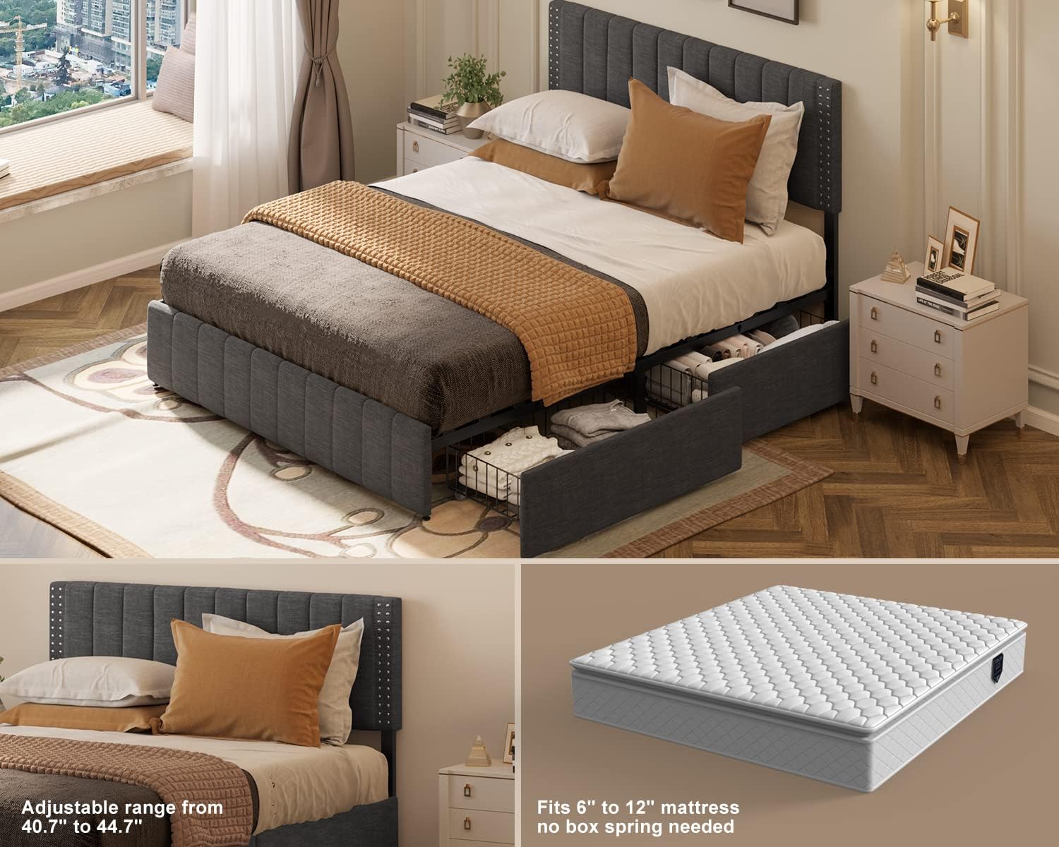 The Gizoon bed frame with its headboard adjusted to a higher setting, showing compatibility with a thick mattress.
