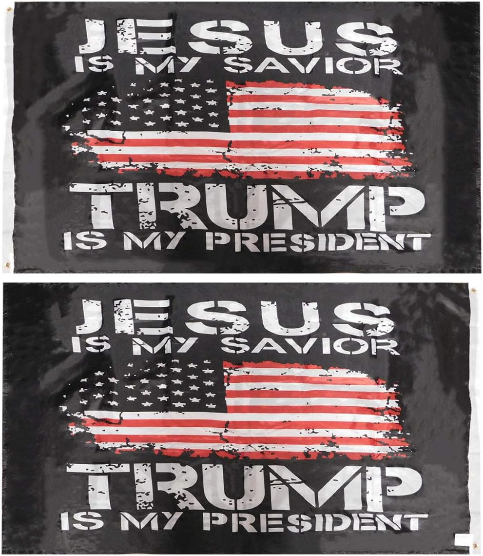 Jesus Is MY Savior Trump Is My President USA Flag Black 150D Woven Poly Nylon Double Sided Premium Quality Heavy Duty Fade Resistant 3x5 3'x5' Flag Banner
