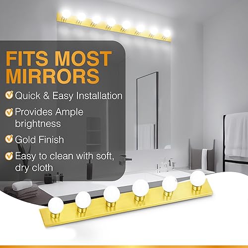 Miniatura 7 de DYSMIO Lighting - Tira de tres luces para tocador de estilo Hollywood con placas doradas, accesorios de calidad de salón para dormitorio, baño,