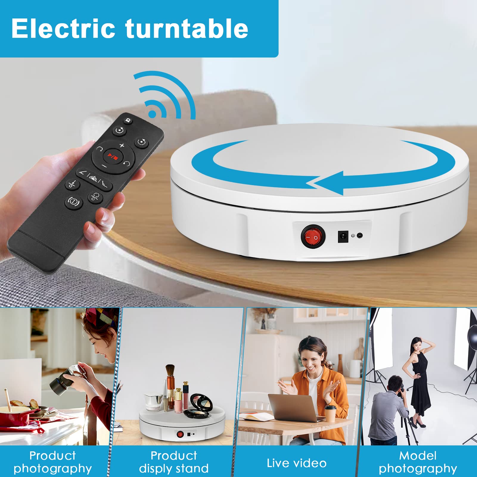 Plateau Tournant Electrique, Aomdom 360 Degrés PréSentoir Rotatif Électrique 100KG 30CM avec Télécommande Vitesse Réglable 5 Arrière-Plan pour Produits de Photographie Afficher la Vidéo
