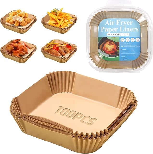 Air Fryer Liners Square, Air Fryer Disposable Paper Liners 100Pcs, Air Fryer Disposable Parchment Paper Liners Non-Stick, Greaseproof, Food Grade Baking Paper for Air Fryer Accessories(6.3in)