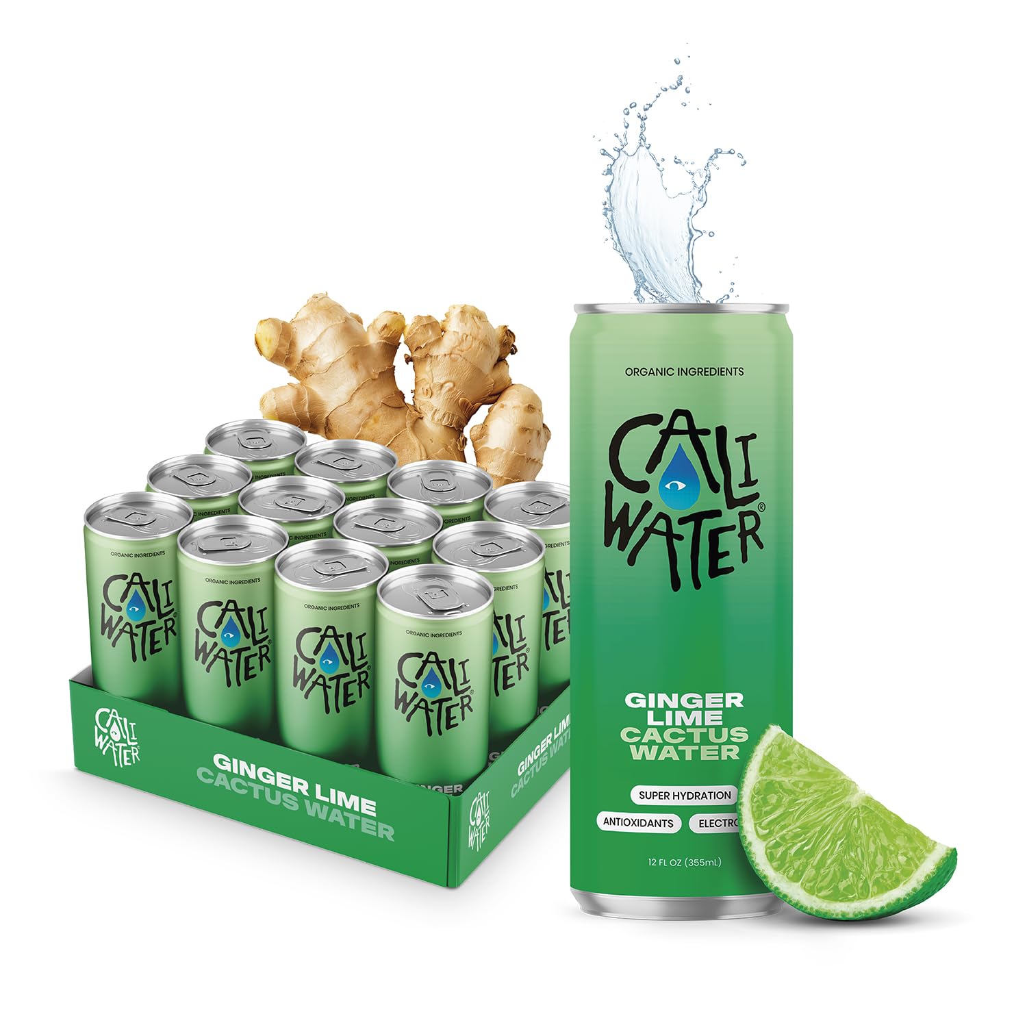 CALI WATER Organic Ginger Lime Nopal Cactus with Rare Antioxidants + Electrolytes for Hydration and Recovery, Plant-Based, Non-GMO, Non-Carbonated, 12 fl oz Cans (Pack of 12)