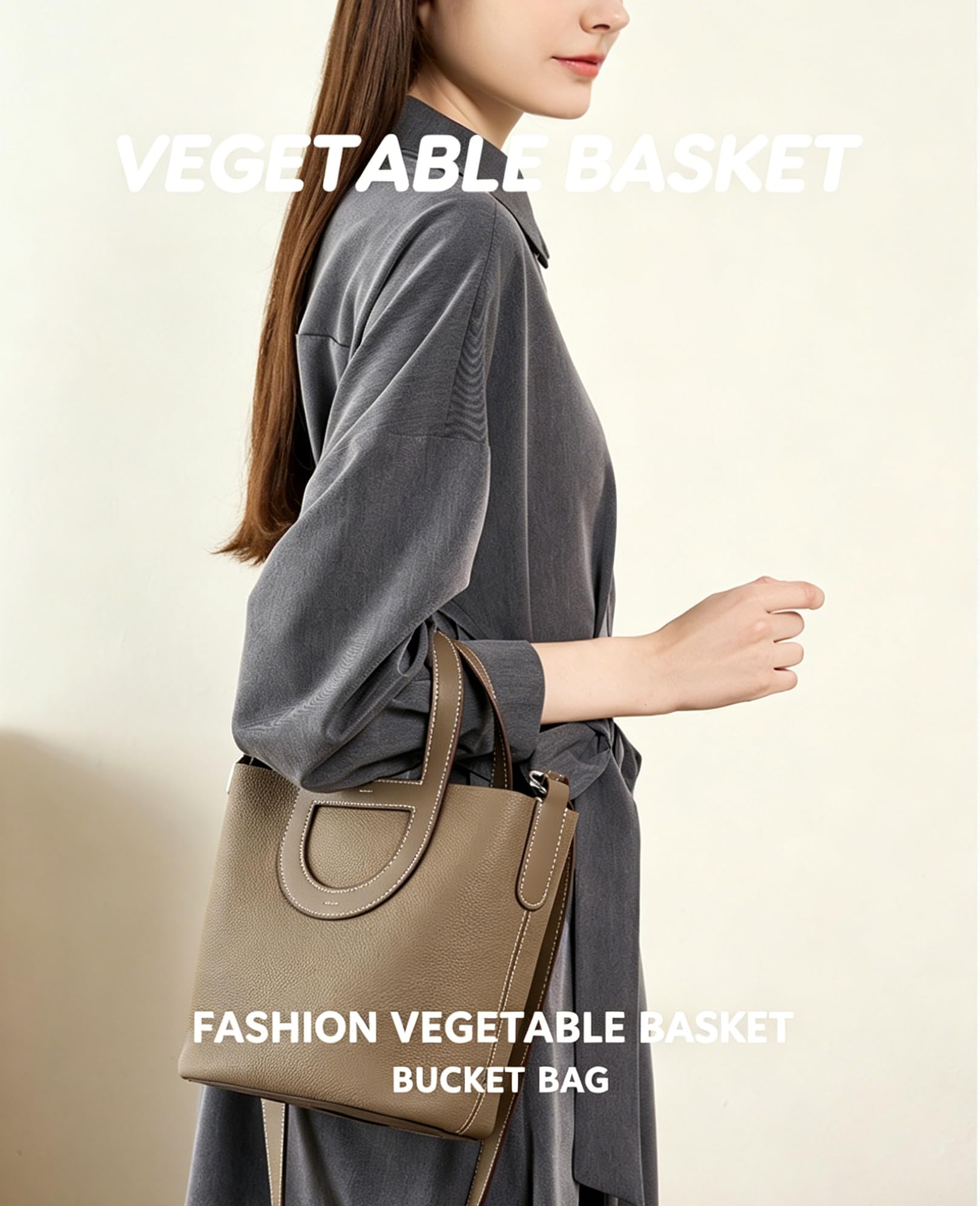 Premium Full Grain Togo Leather Bucket Bag, Women's Crossbody & Top Handle Tote, Small Satchel Purse with Detachable Strap