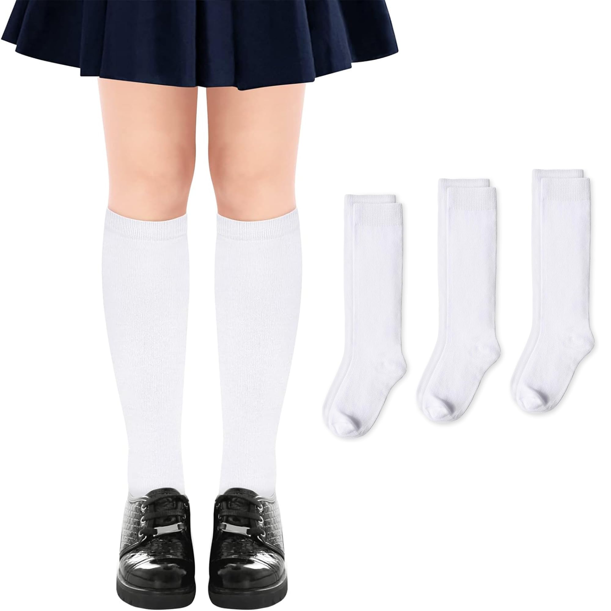 Generic Calcetines Altos Escolares para Niñas, Medias Largas de Algodón para Uniforme y Deporte, 3 pares