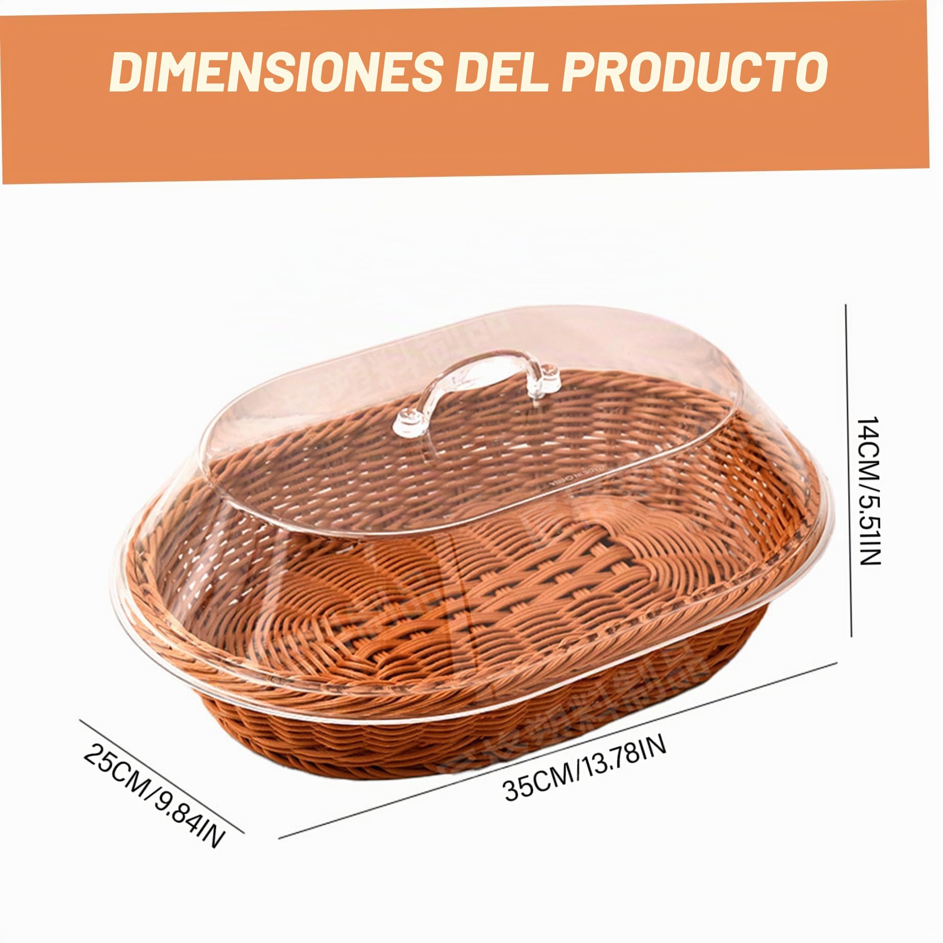 Cestas de pan de mimbre, cesta de polipropileno tejido con tapa acrílica, bandeja de dulces de bocadillos ovalados para el organizador de dulces para exhibición de alimentos Bakery Bakery Family/14x1