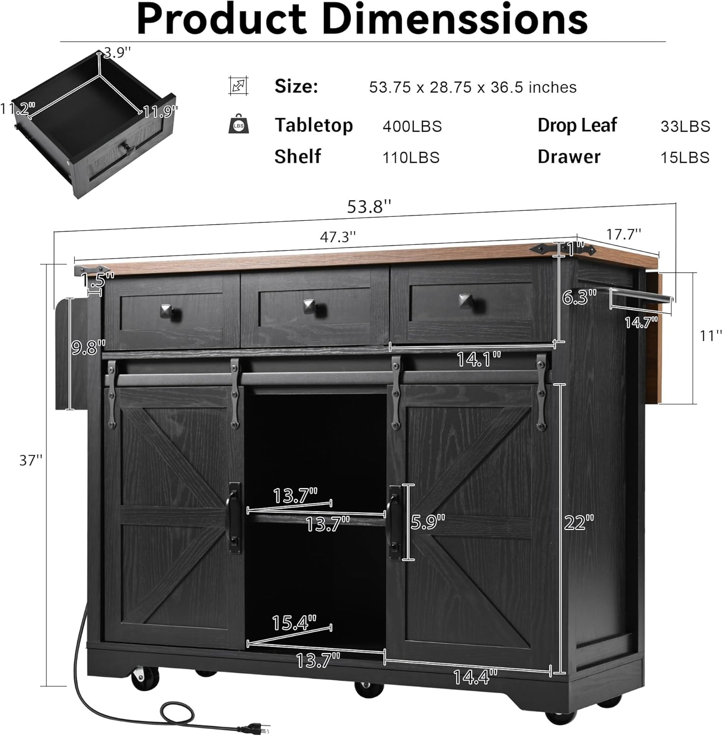 Features of the cloblane kitchen island including P2 grade material, spice rack, and lockable hidden wheels.